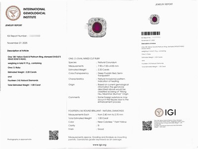 27071757a - 18 kt Gold und Platin Rubin-Brillant-Ring, Platin und GG 750/000, ovalfacett. Rubin ca. ...