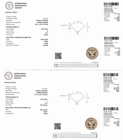 27071797c - Lot 2 lose Diamanten, Tapered Baguette, 1 x 0.09 ct feines Weiß(F)/vs2, und 1 x 0.08 ct ...