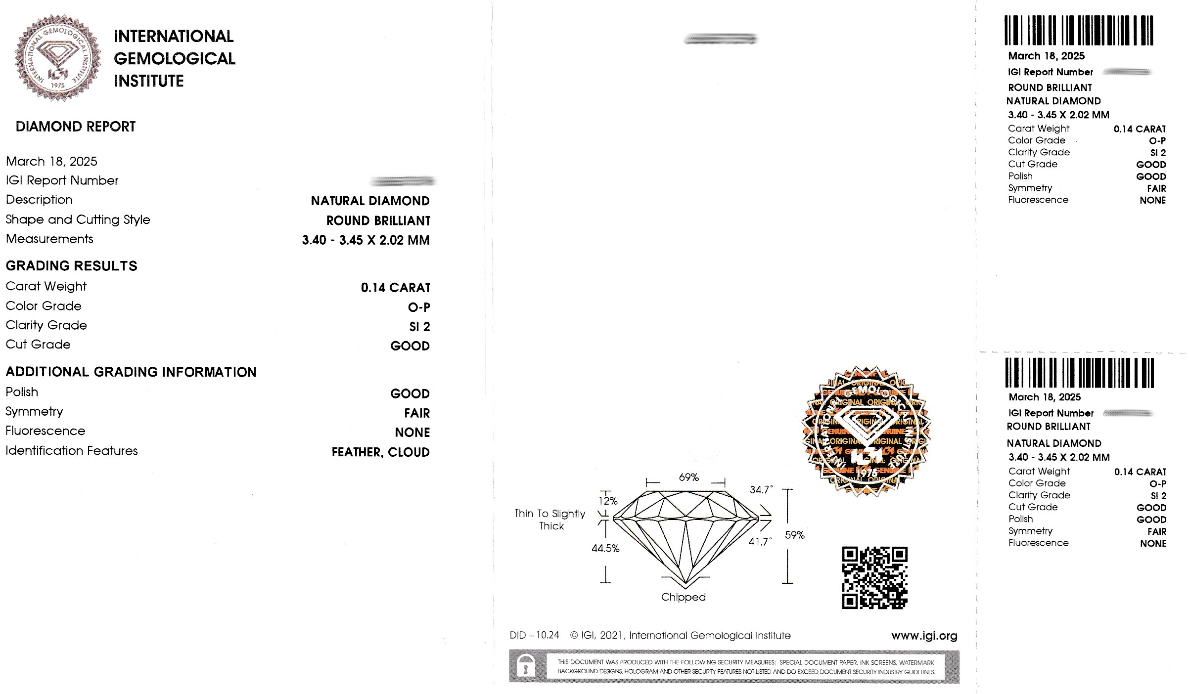 Detail a: Loser Brillant 0.14 ct Getönt(O-P)/si2, verschweißt, IGI Expertise