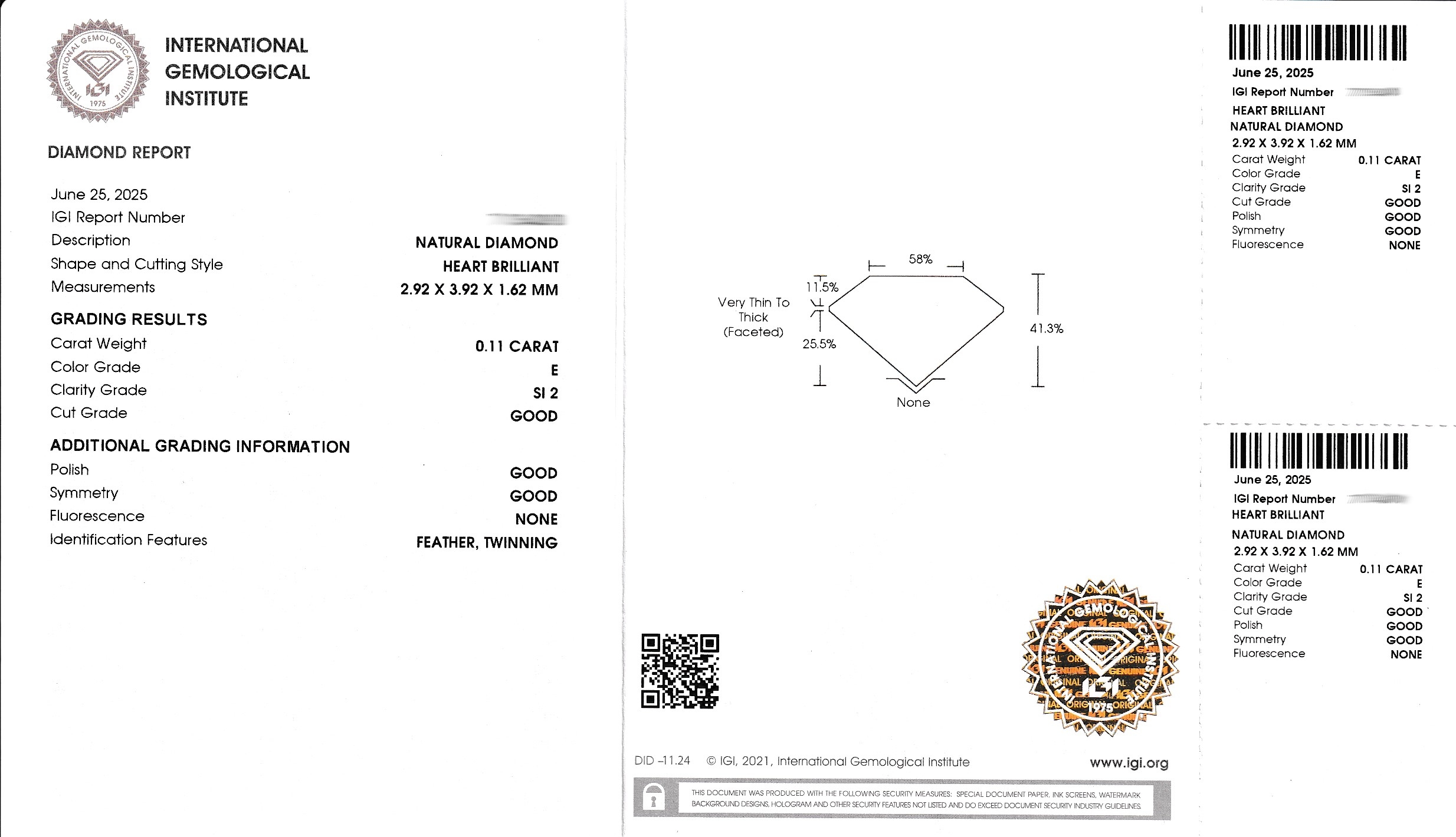 Detail a: Loser Diamant, 0.11 ct hochfeines Weiß(E)/si2,eingeschweißt, IGI-Expertise