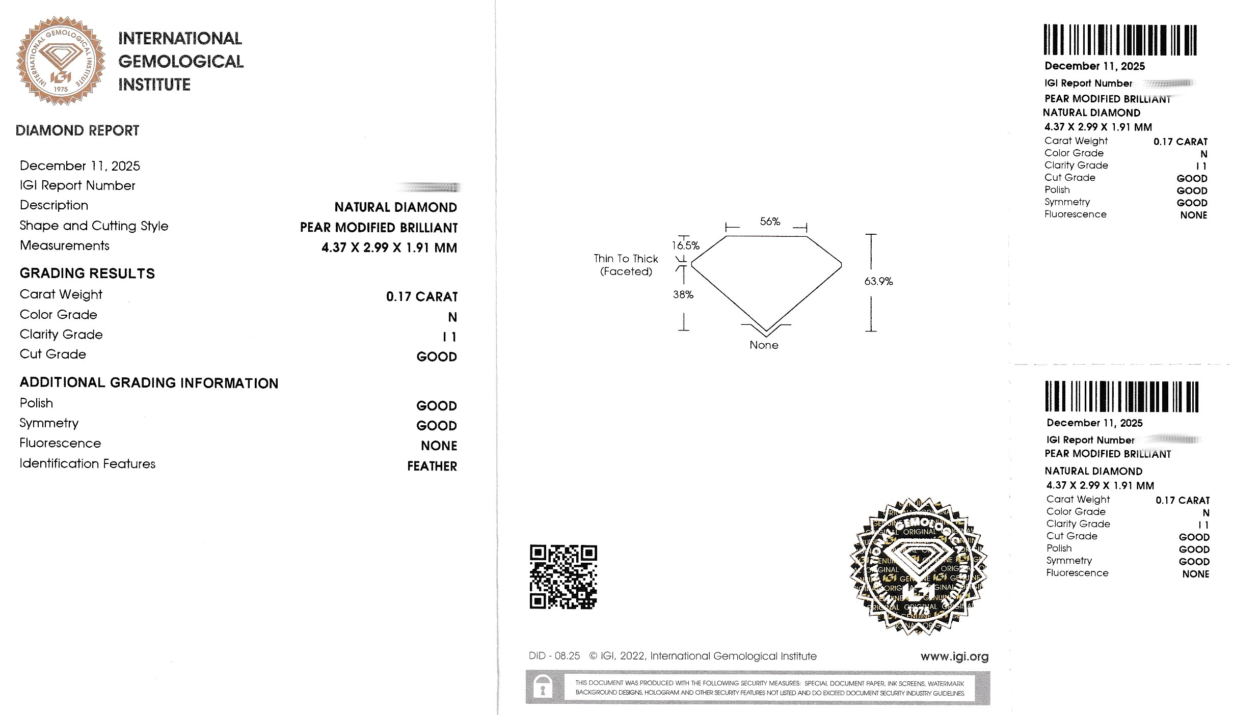 Detail a: Loser Diamant-Tropfen 0.17 ct Getönt(N)/p1, verschweißt, IGI Expertise