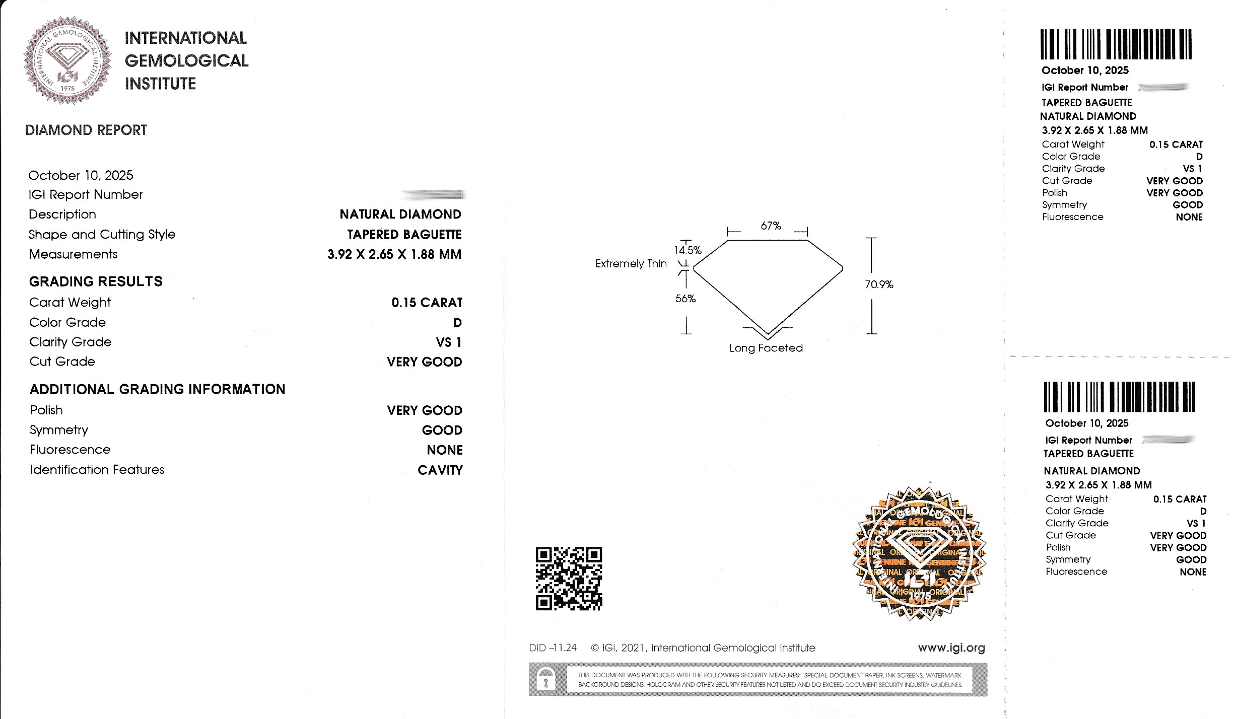 Detail a: Loser Diamant 0.15 ct hochfeines Weiß(D)/vs1, tapered baguette, verschweißt, IGI Expertise