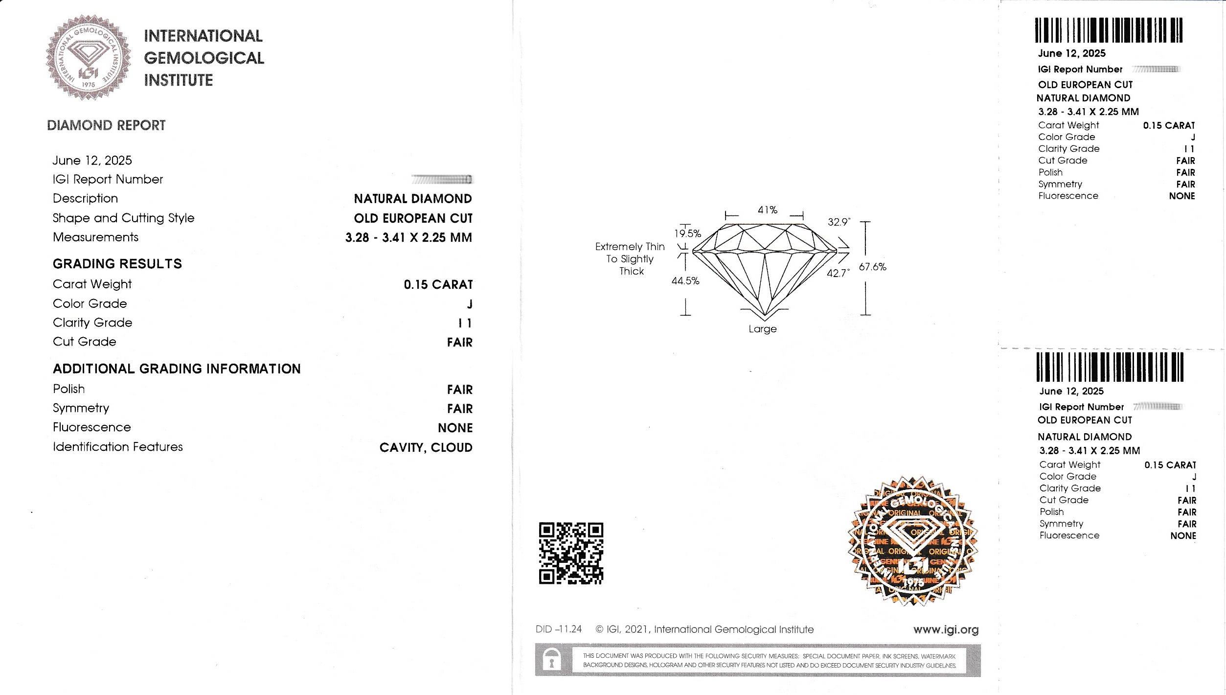 Detail a: Loser Diamant 0.15 ct l.get.Weiß(J)/p1, old European natural diamond, verschweißt, IGI Expertise