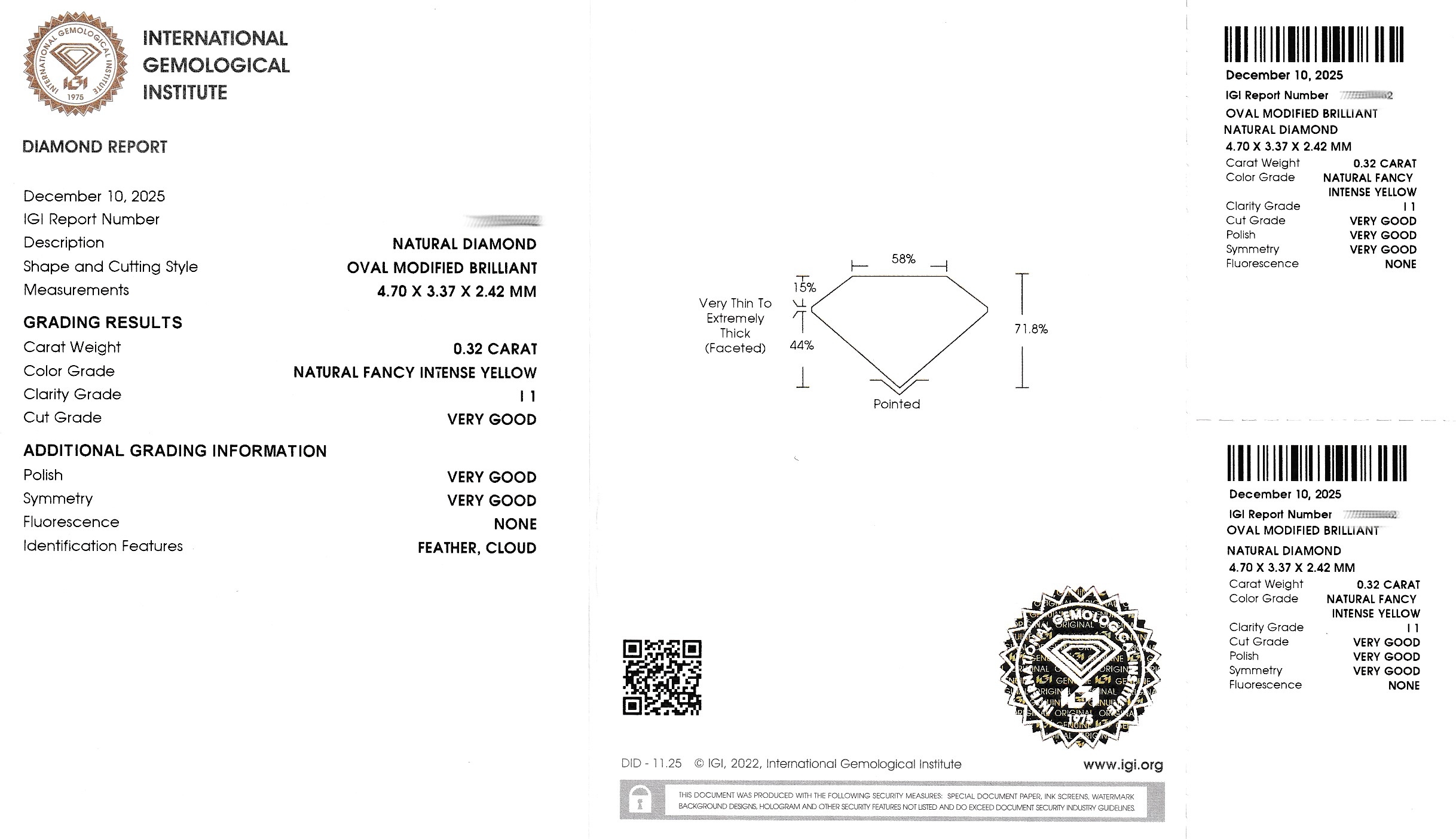 Detail a: Loser Diamant 0.32 ct natural fancy intense yellow/p1, oval modified brilliant, verschweißt, IGI Expertise