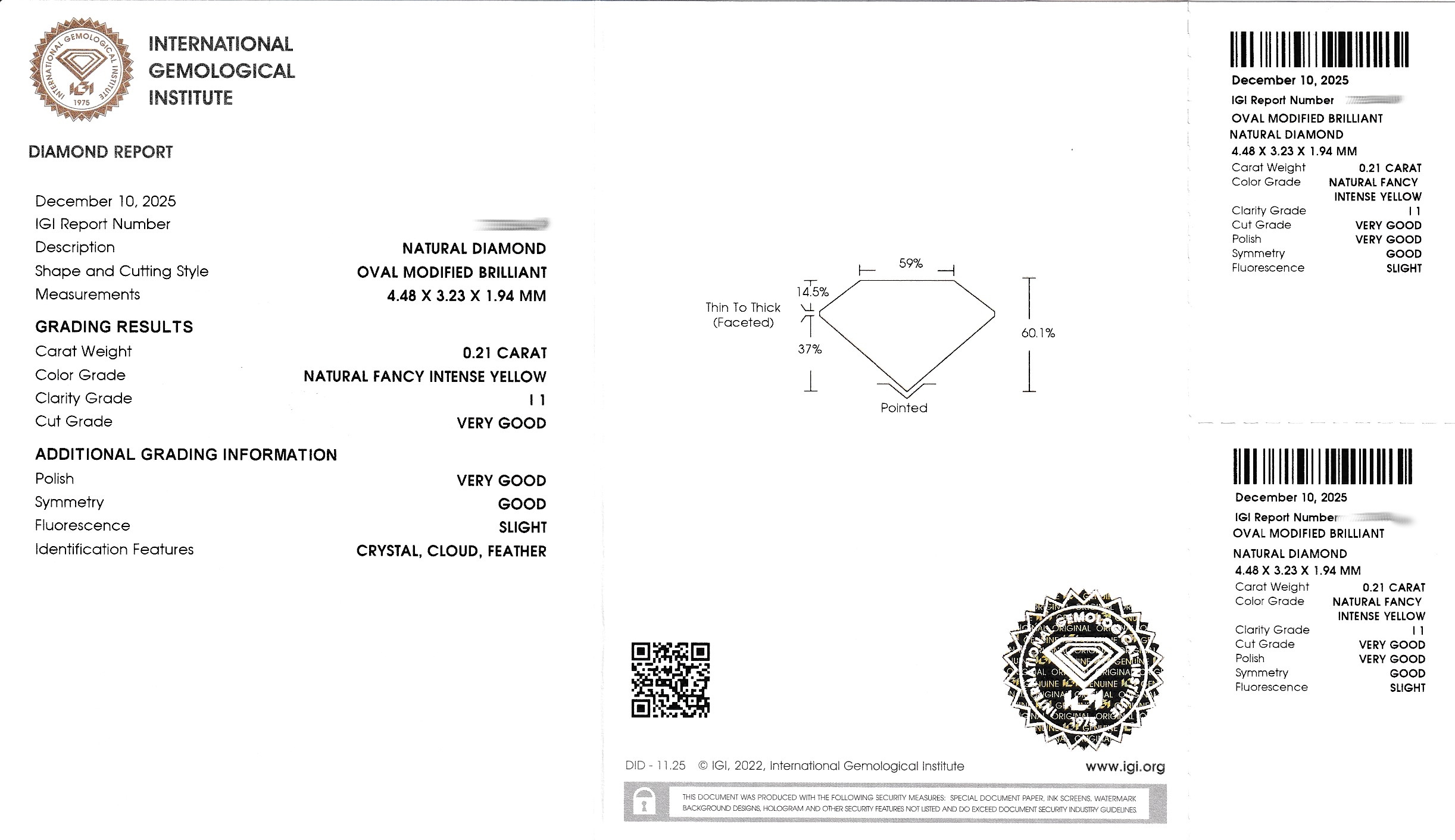 Detail a: Loser Diamant 0.21 ct natural fancy intense yellow/p1, oval modified brilliant, verschweißt, IGI Expertise