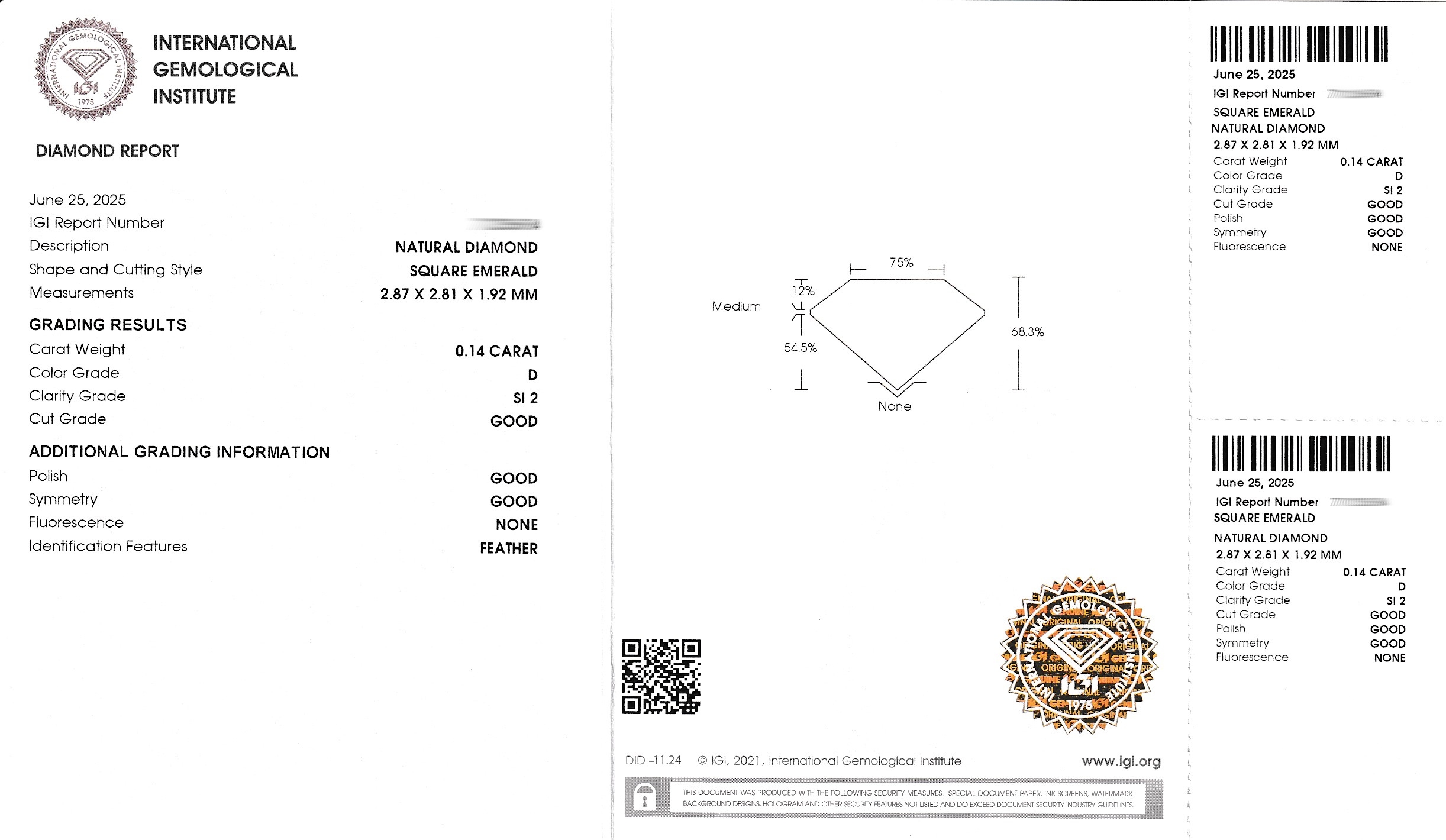 Detail a: Loser Diamant 0.14 ct hochfeines Weiß(D)/si2, Square Emerald, verschweißt, IGI-Expertise