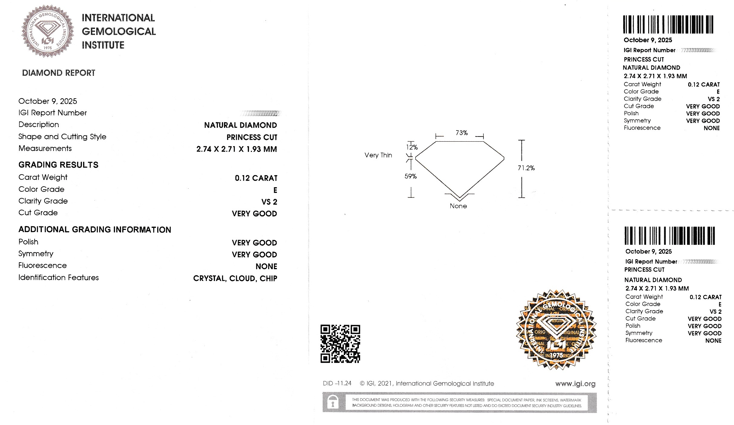 Detail a: Loser Princess Cut Diamant, 0.12 ct hochfeinesWeiß(E)/vs2, eingeschweißt, IGI-Expertise