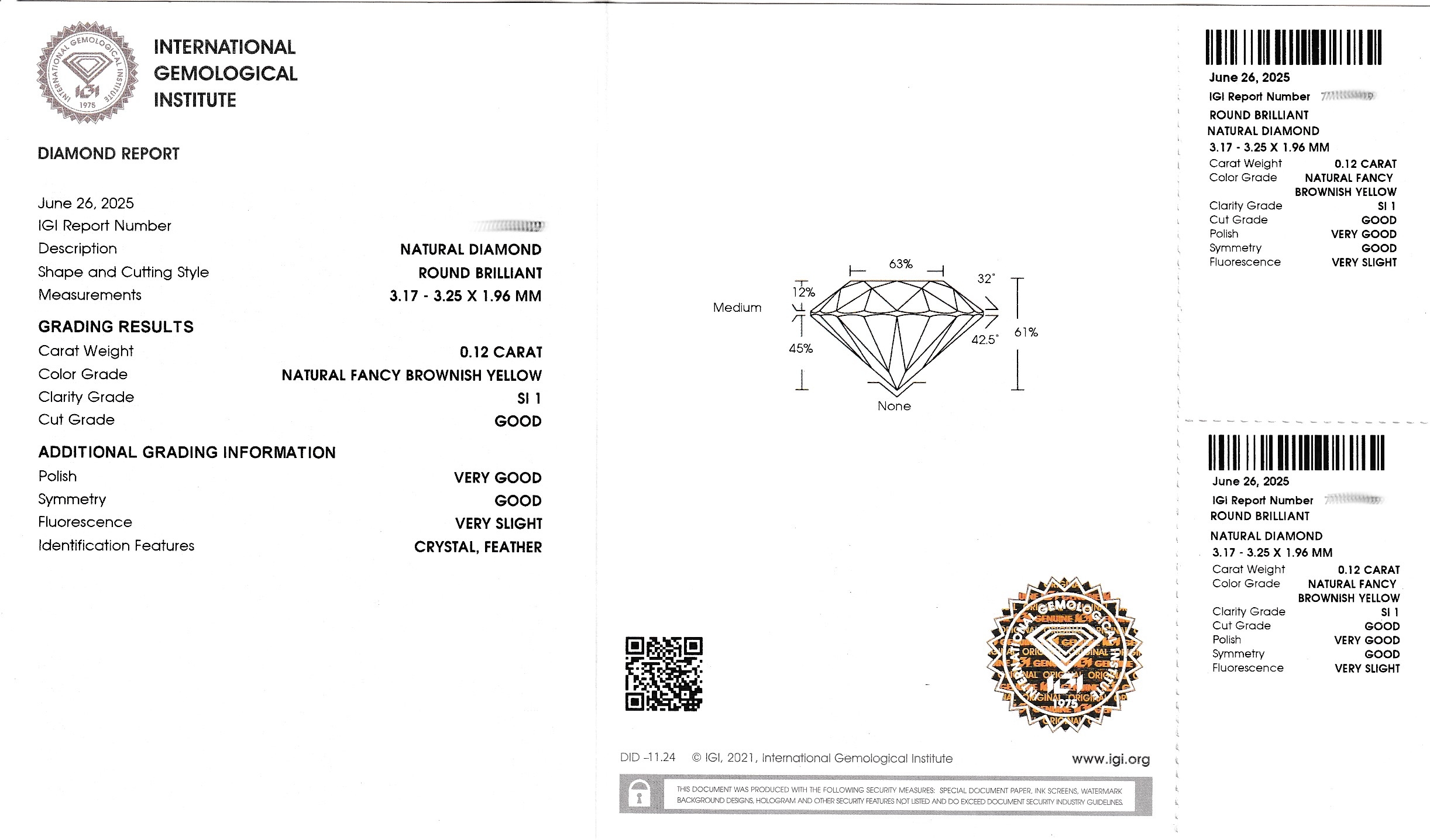 Detail a: Loser Brillant 0.12 ct natural fancy brownish yellow/si1, verschweißt, IGI Expertise