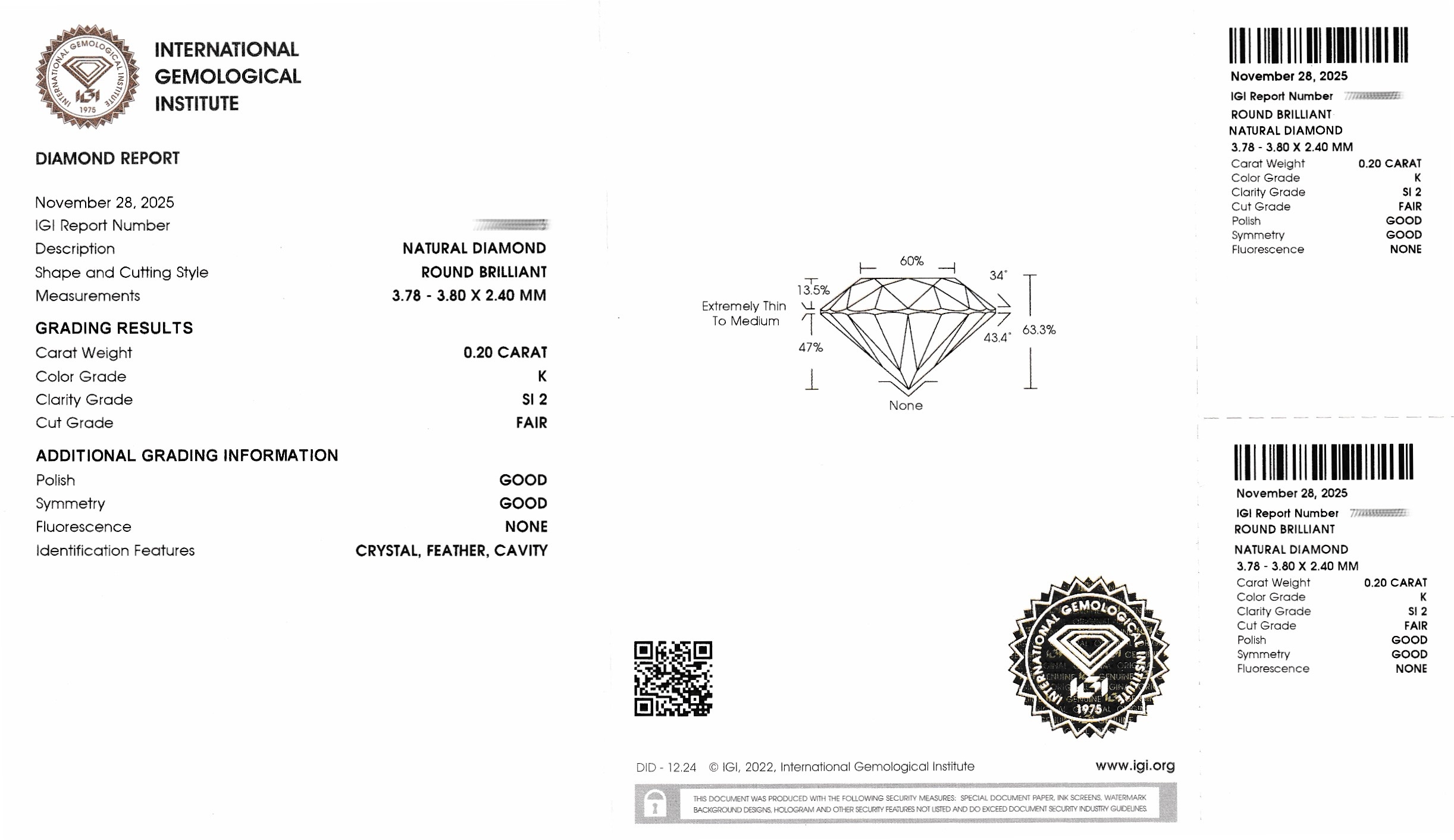 Detail a: Loser Brillant 0.20 ct get.Weiß(K)/si2, verschweißt, IGI Expertise