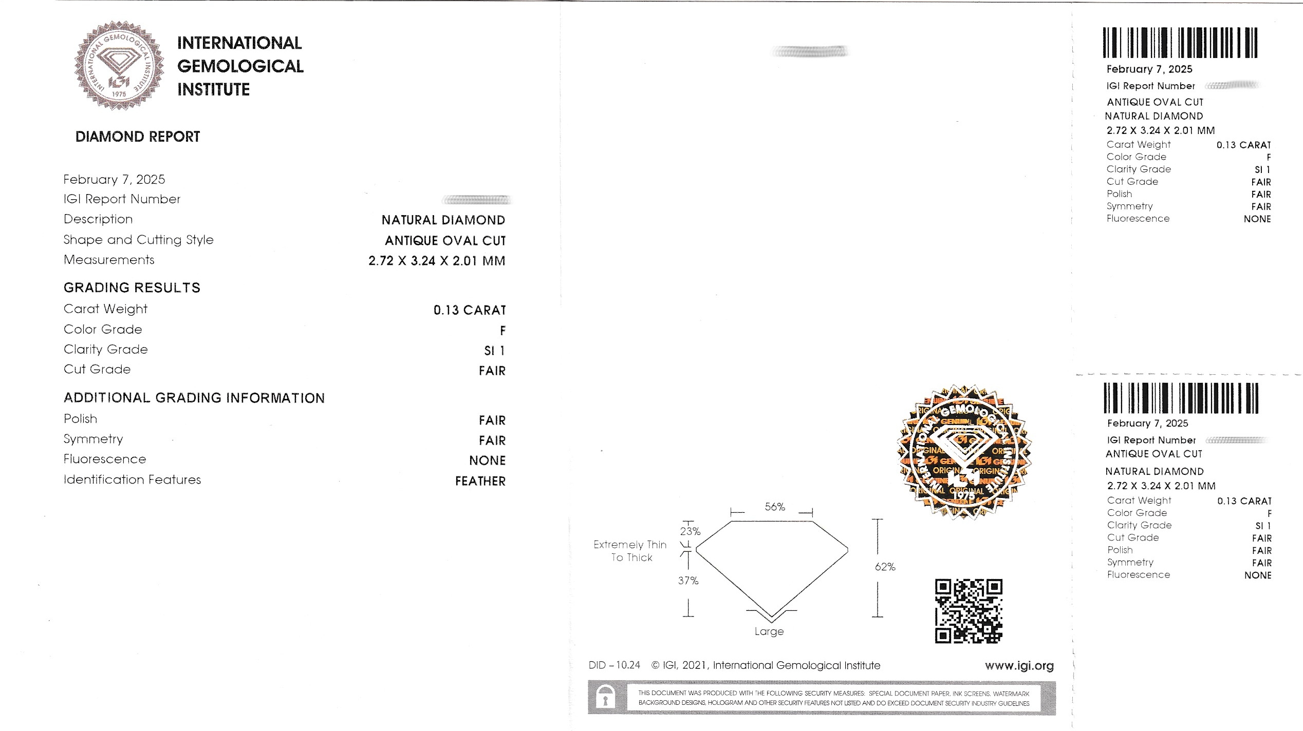 Detail a: Loser Diamant 0.13 ct feines Weiß(F)/si1, antique oval cut, verschweißt, IGI Expertise