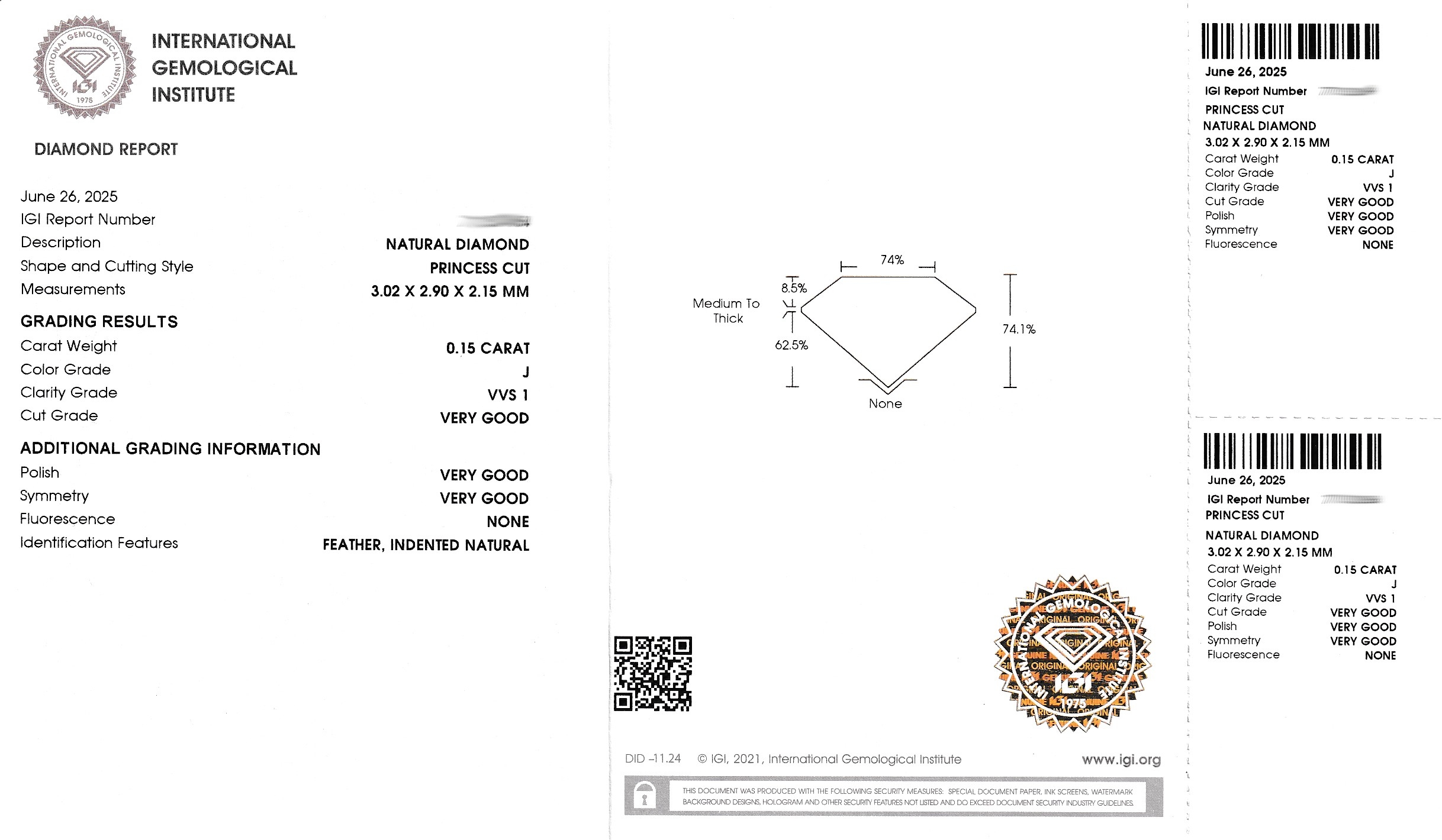 Detail a: Loser Princess Cut Diamant, 0.15 ct l.get.Weiß(J)/vvs1, verschweißt, IGI-Expertise