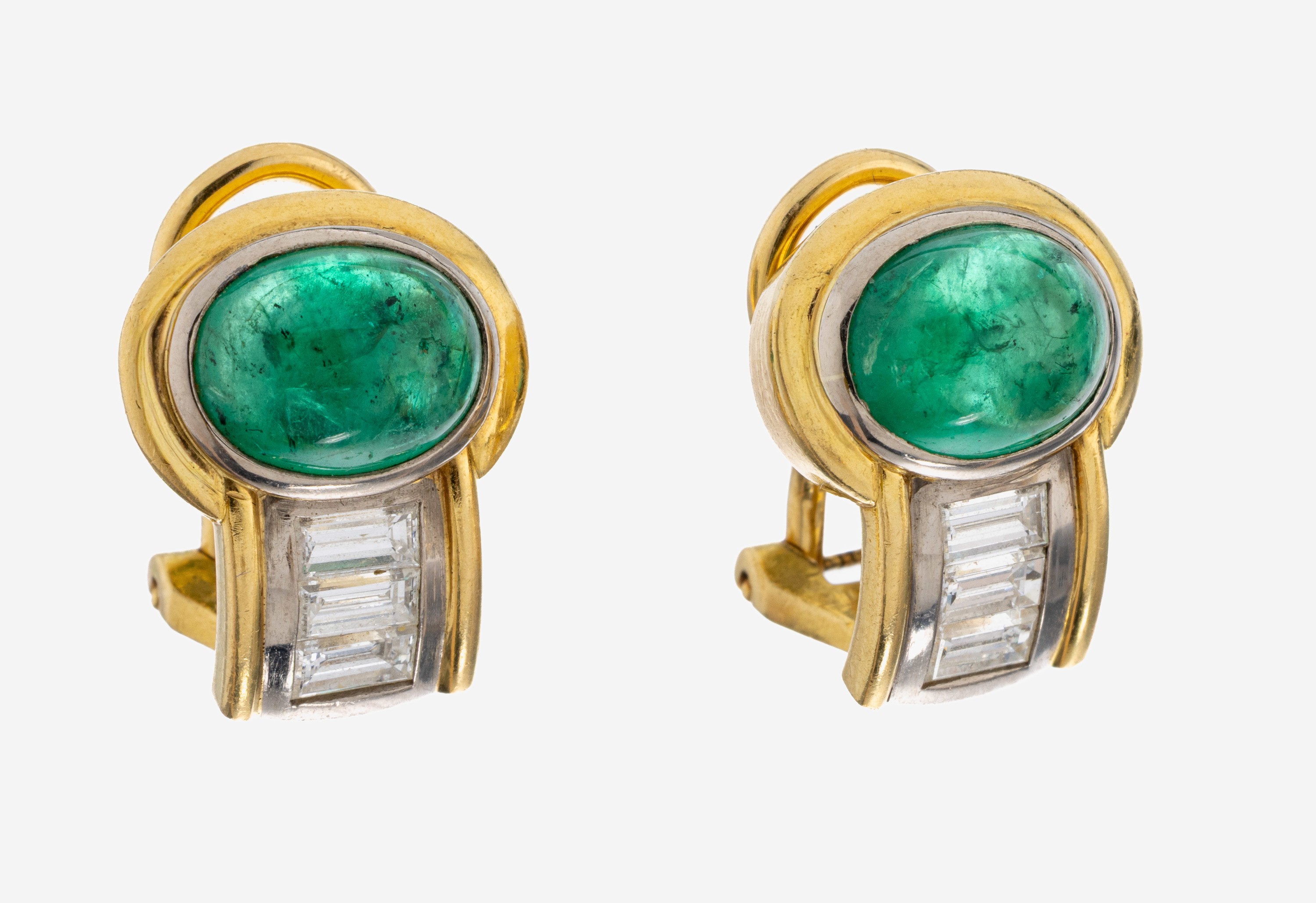 Image 27071822 - Paar 18 kt Gold Smaragd-Diamant-Ohrclips, GG/WG 750/000, 2 ovale Smaragd-Cabochons zus. ...