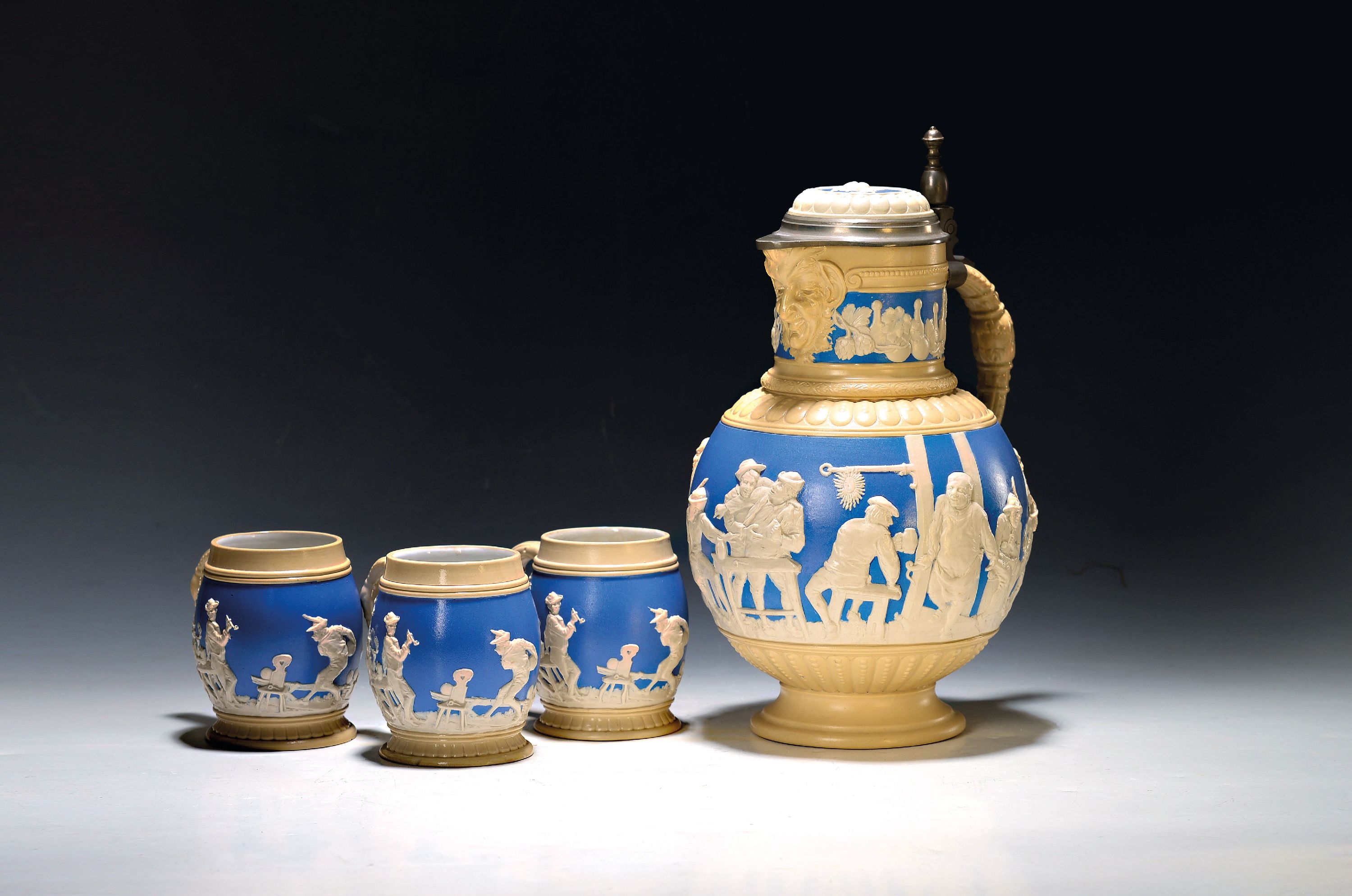 Image 27071828 - Beer can and six jugs, Mettlach, Villeroy & Boch, 1895, fine stoneware, num. 2210 and ...
