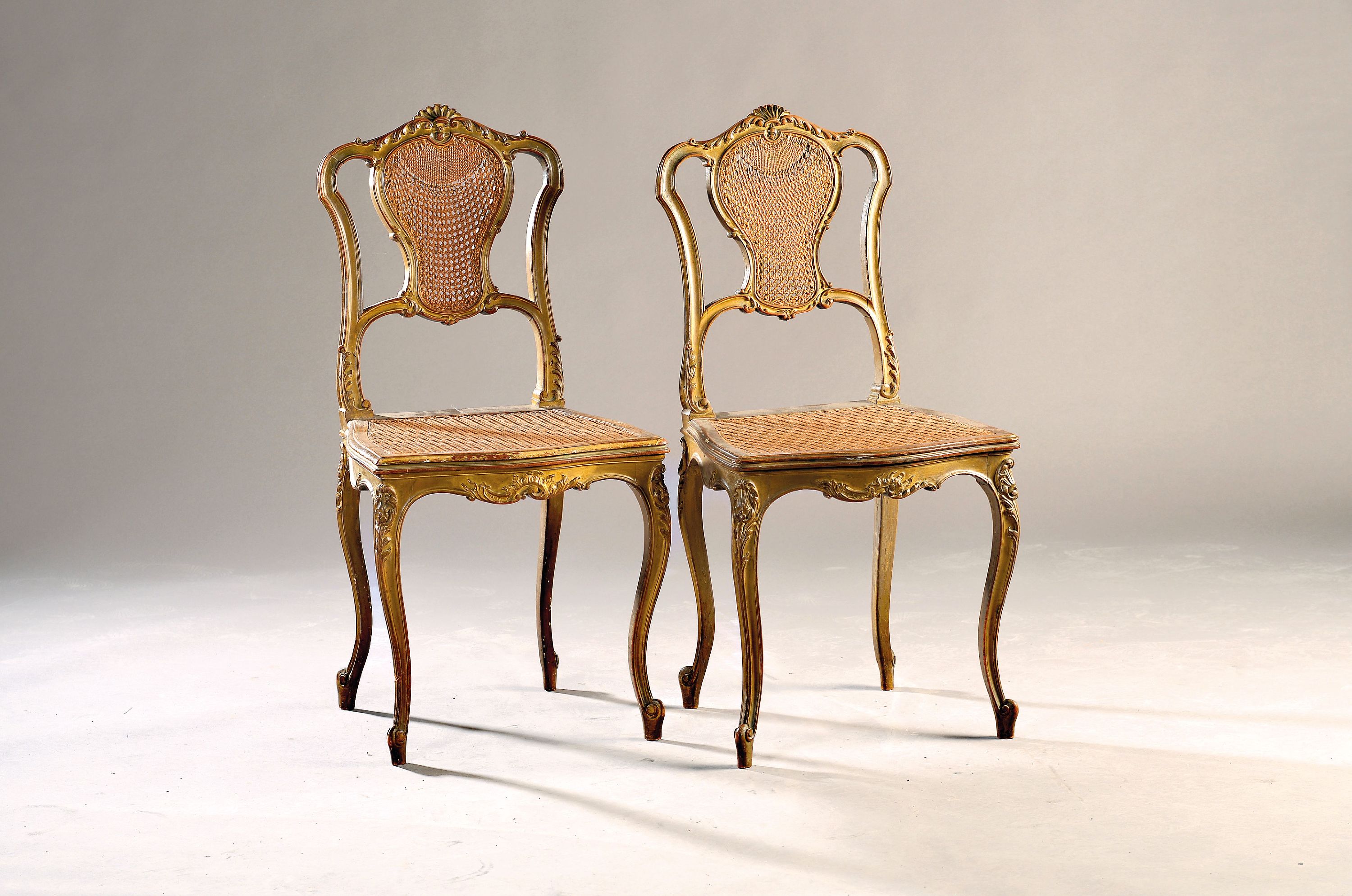 Image 27071832 - Pair of chairs with wickerwork, around 1880, walnut, remains of bronze-colored frame, ...