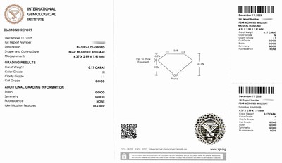27071803a - Loser Diamant-Tropfen 0.17 ct Getönt(N)/p1, verschweißt, IGI Expertise