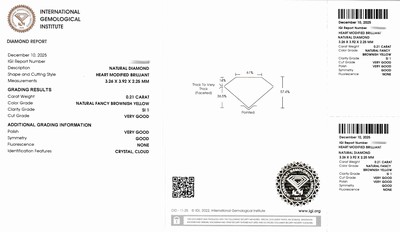 27071809a - Loose diamond-heart , 0.21 ct natural fancy brownish yellow/si1, sealed, IGI expertise