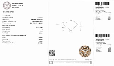 27071811a - Loser Diamant 0.14 ct hochfeines Weiß(D)/si2, Square Emerald, verschweißt, IGI-Expertise