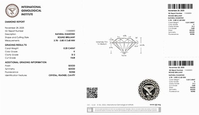 27071814a - Loser Brillant 0.20 ct get.Weiß(K)/si2, verschweißt, IGI Expertise