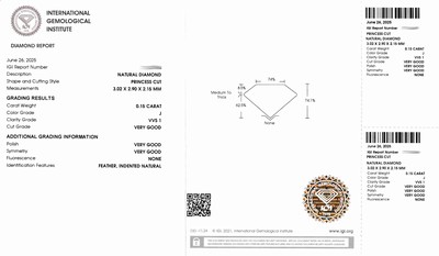 27071816a - Loser Princess Cut Diamant, 0.15 ct l.get.Weiß(J)/vvs1, verschweißt, IGI-Expertise