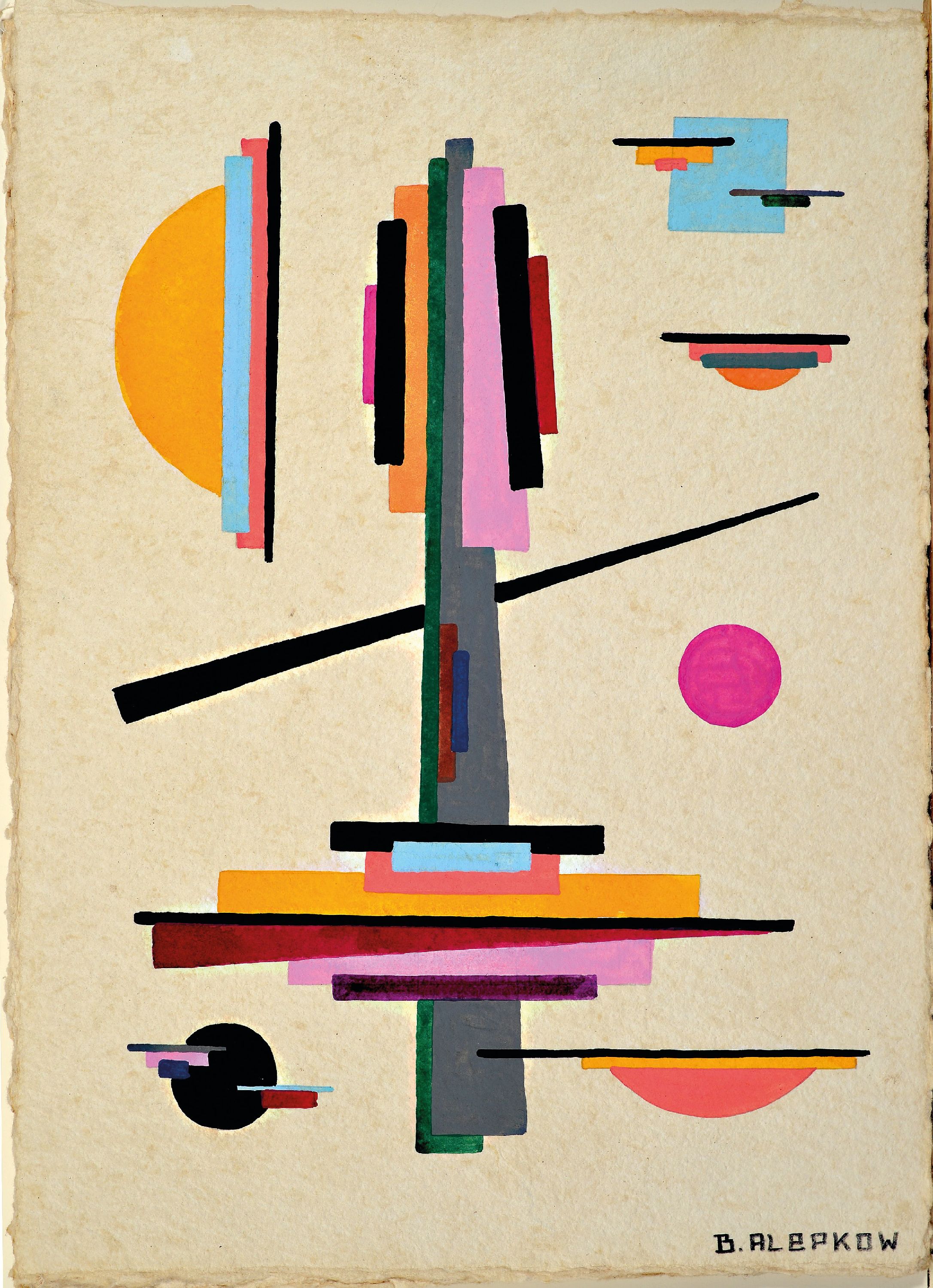 Detail l: Boris Alepkow, russischer Maler des 20. Jh.,4 Gouachen mit suprematistischen Kompositionen, Gouache auf Bütten, wohl aus den 1960er Jahren, alle ...