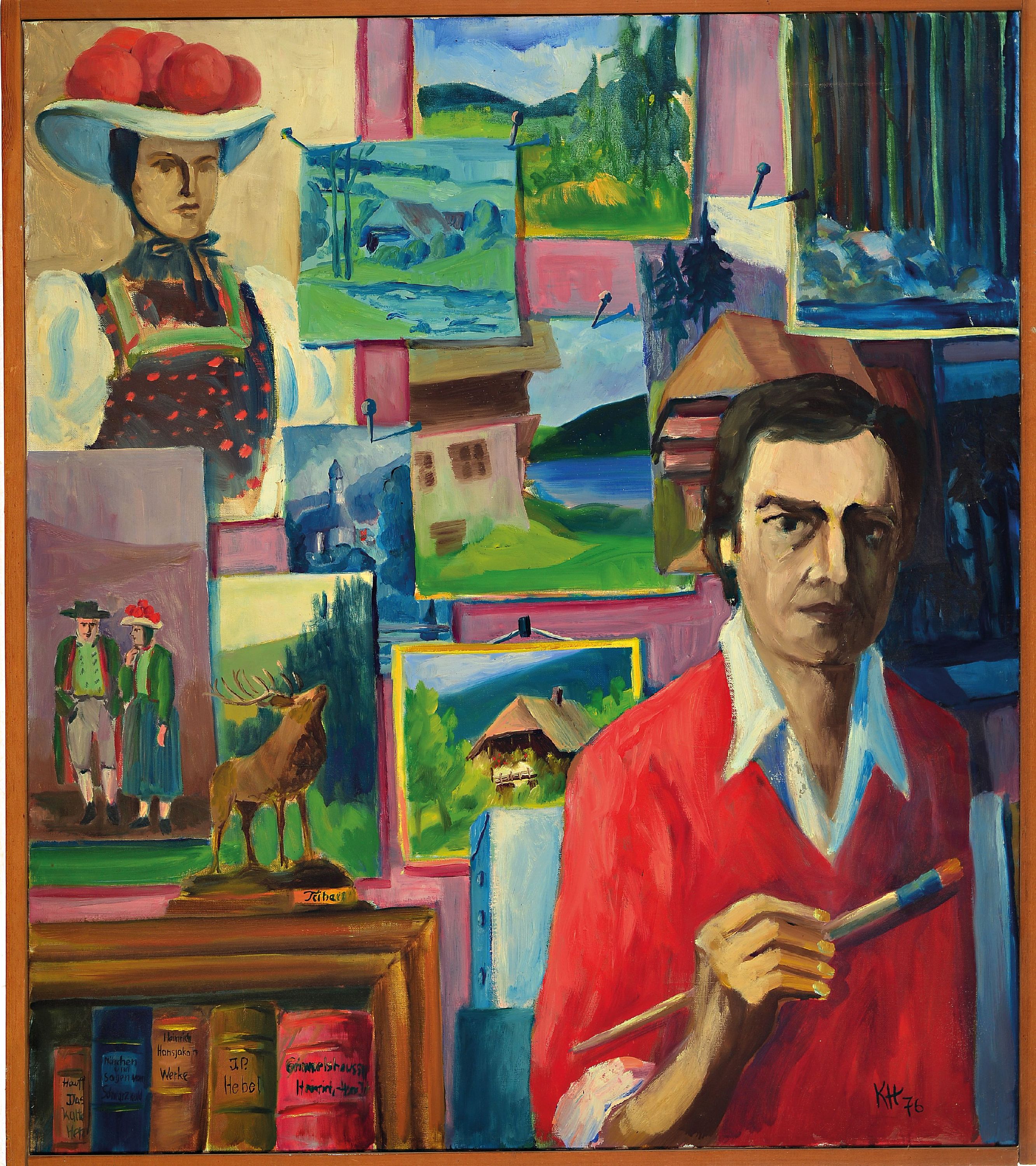Detail k: Klaus Hartmann, geb. 1937 Karlsruhe, "Selbstbildnis mit Schwarzwalderinnerungen", 1976, monogrammiert, verso mit Galerieetikett,Öl/Lwd, ...