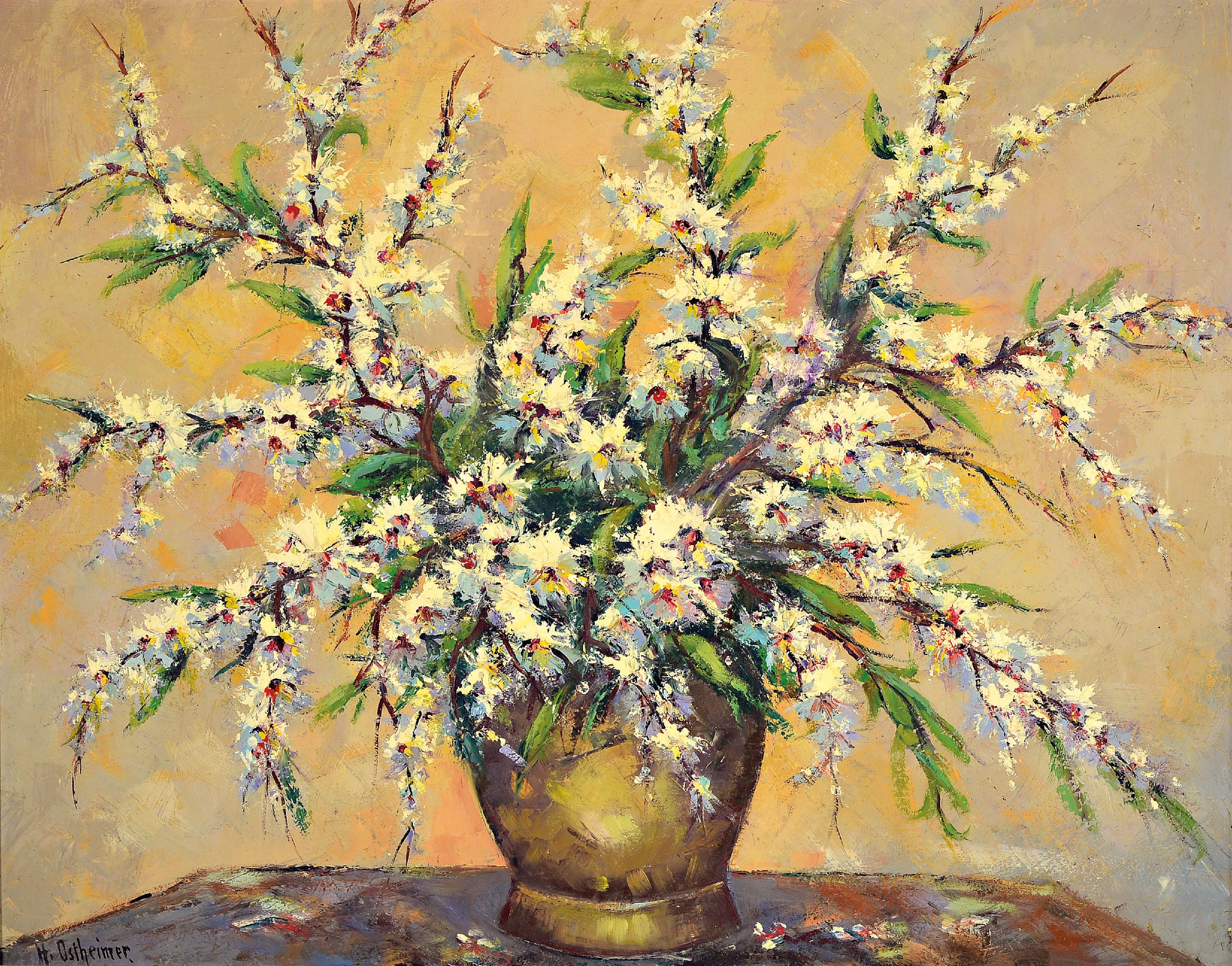 Detail a: Hermann Ostheimer, süddeutscher Künstler der Mitte des 20.Jh., 2 Blumenstillleben, je signiert, Öl/Masonit, Rahmen 80x70/80x100 cm
