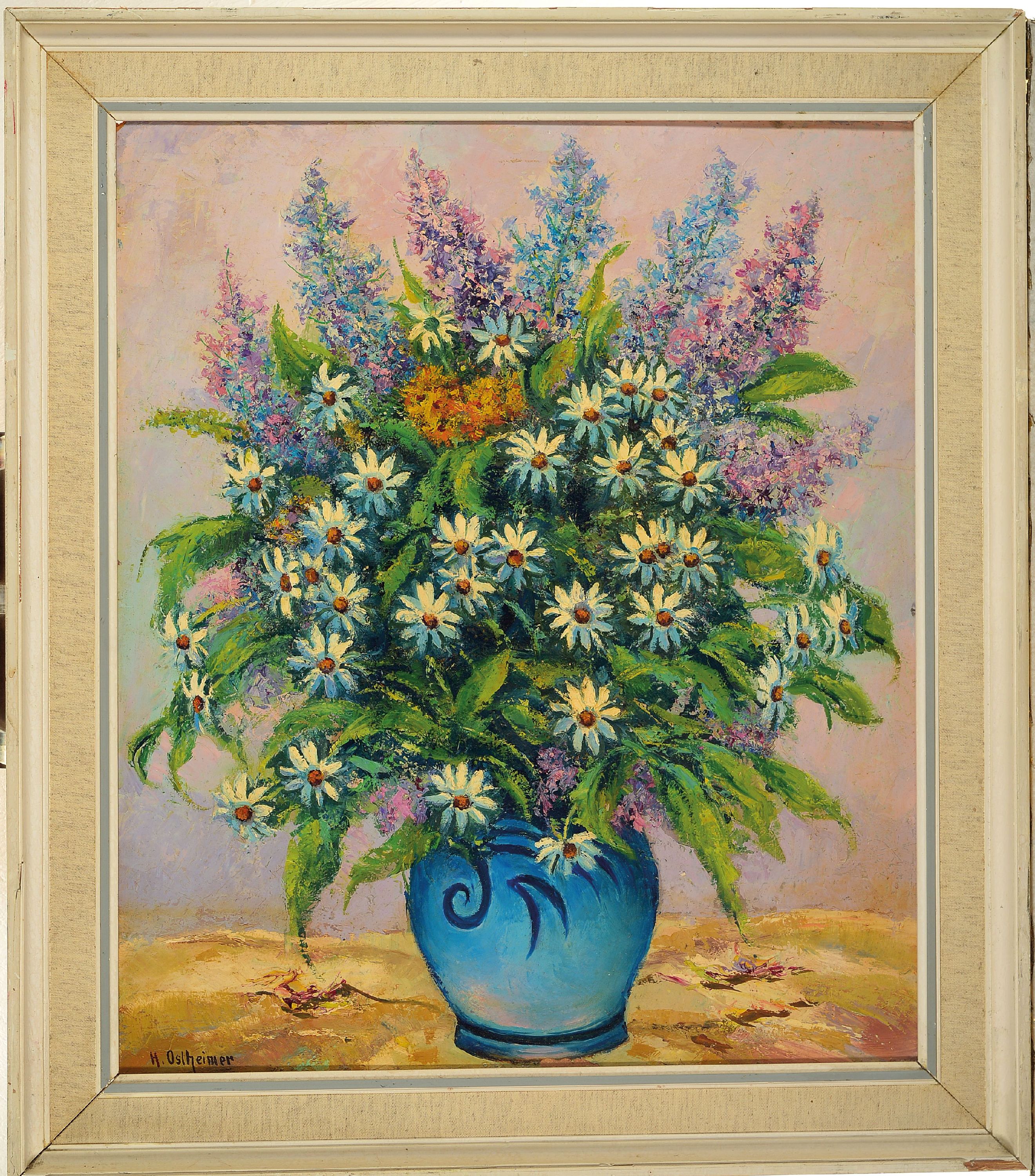 Detail k: Hermann Ostheimer, süddeutscher Künstler der Mitte des 20.Jh., 2 Blumenstillleben, je signiert, Öl/Masonit, Rahmen 80x70/80x100 cm