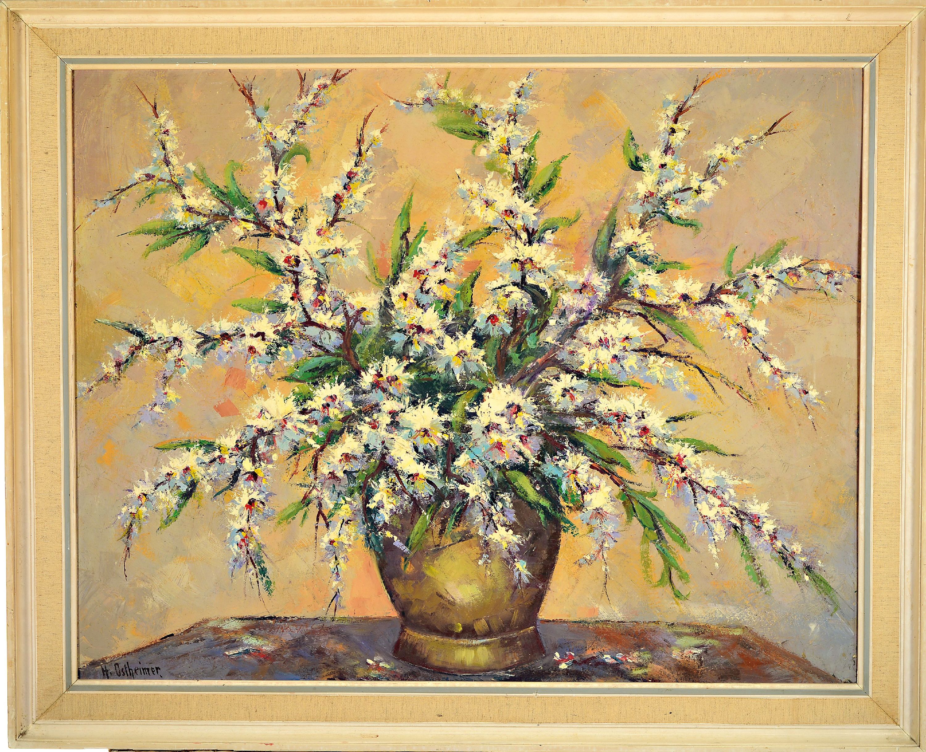 Detail l: Hermann Ostheimer, süddeutscher Künstler der Mitte des 20.Jh., 2 Blumenstillleben, je signiert, Öl/Masonit, Rahmen 80x70/80x100 cm