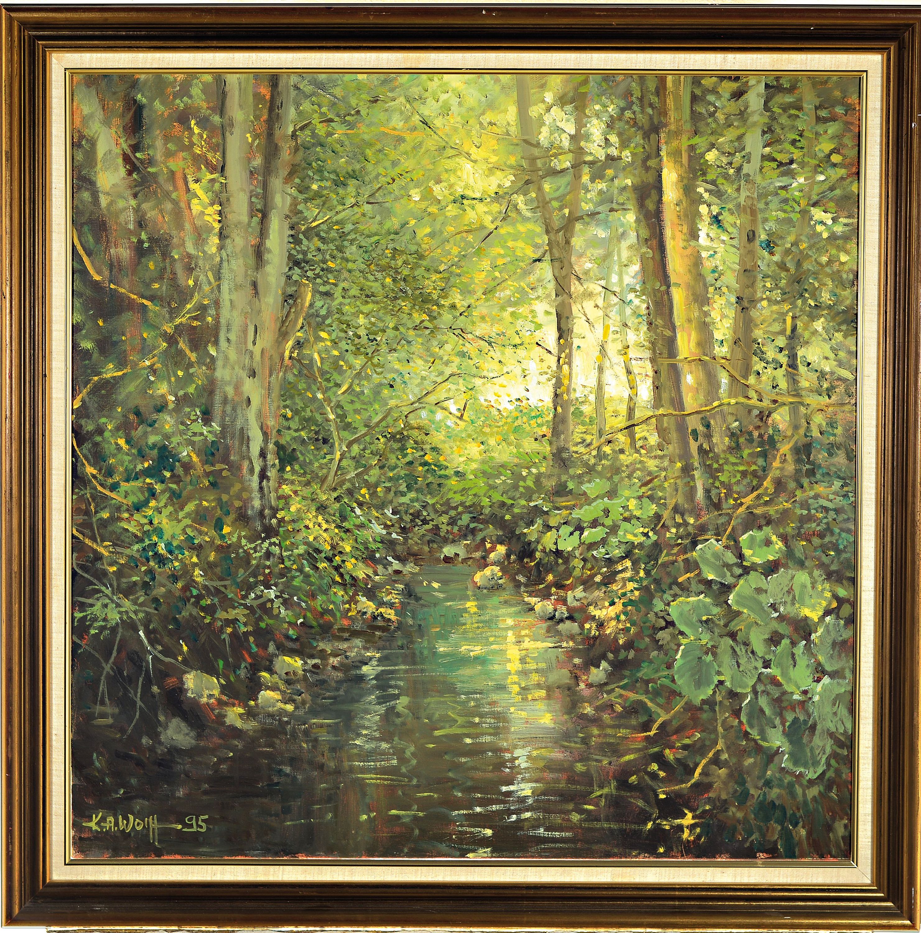 Detail k: Karl August Wolff, 1938 Ludwigshafen-2023 Mundenheim, Flusslandschaft, Tiefenbach bei Edenkoben, links unten signiert und datiert 1995, Öl/Lwd, ...