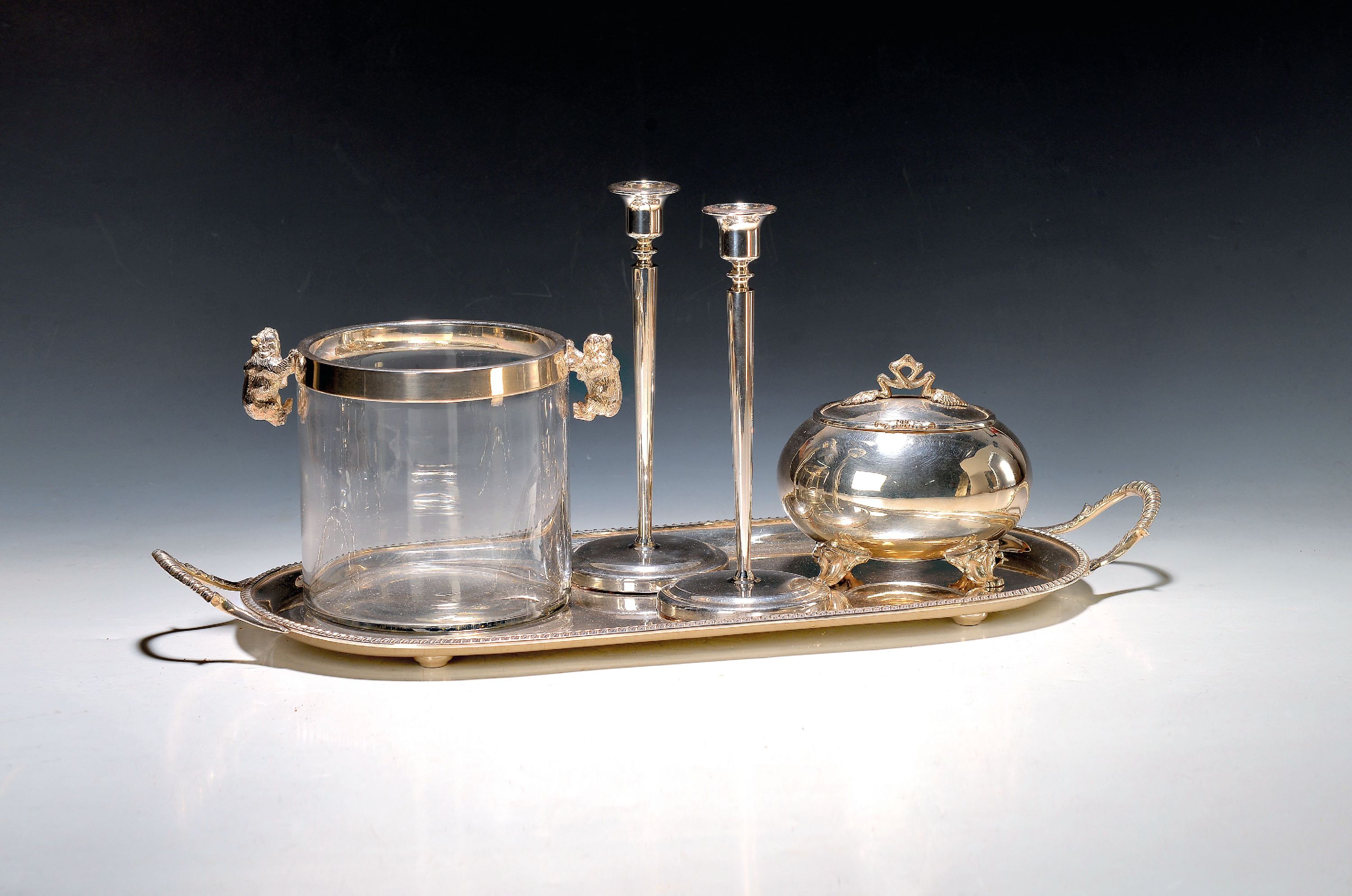 Image 27072137 - 5 Teile versilbertes Tafelzubehör, Weinkühler aus Glas mit Metallmontur, Handhaben in ...