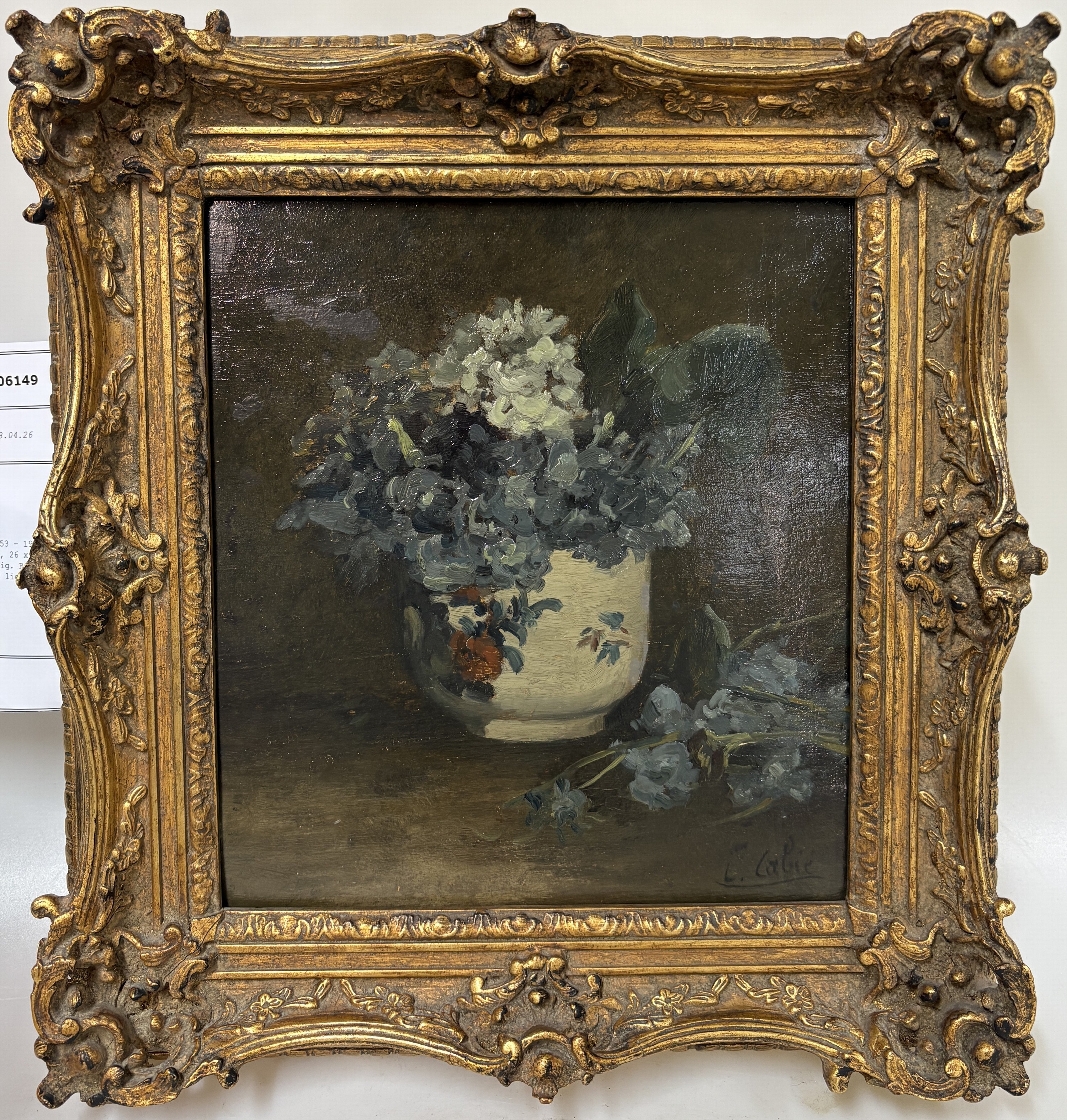 Detail l: Louis Alexandre Cabie, 1853 - 1939,, Blumenstillleben, Öl/Holz, 26 x, 24 cm, Rahmen ca. 35 x 32 cm, orig. Rechnung Kunsthaus Bühler von 1976 liegt ...
