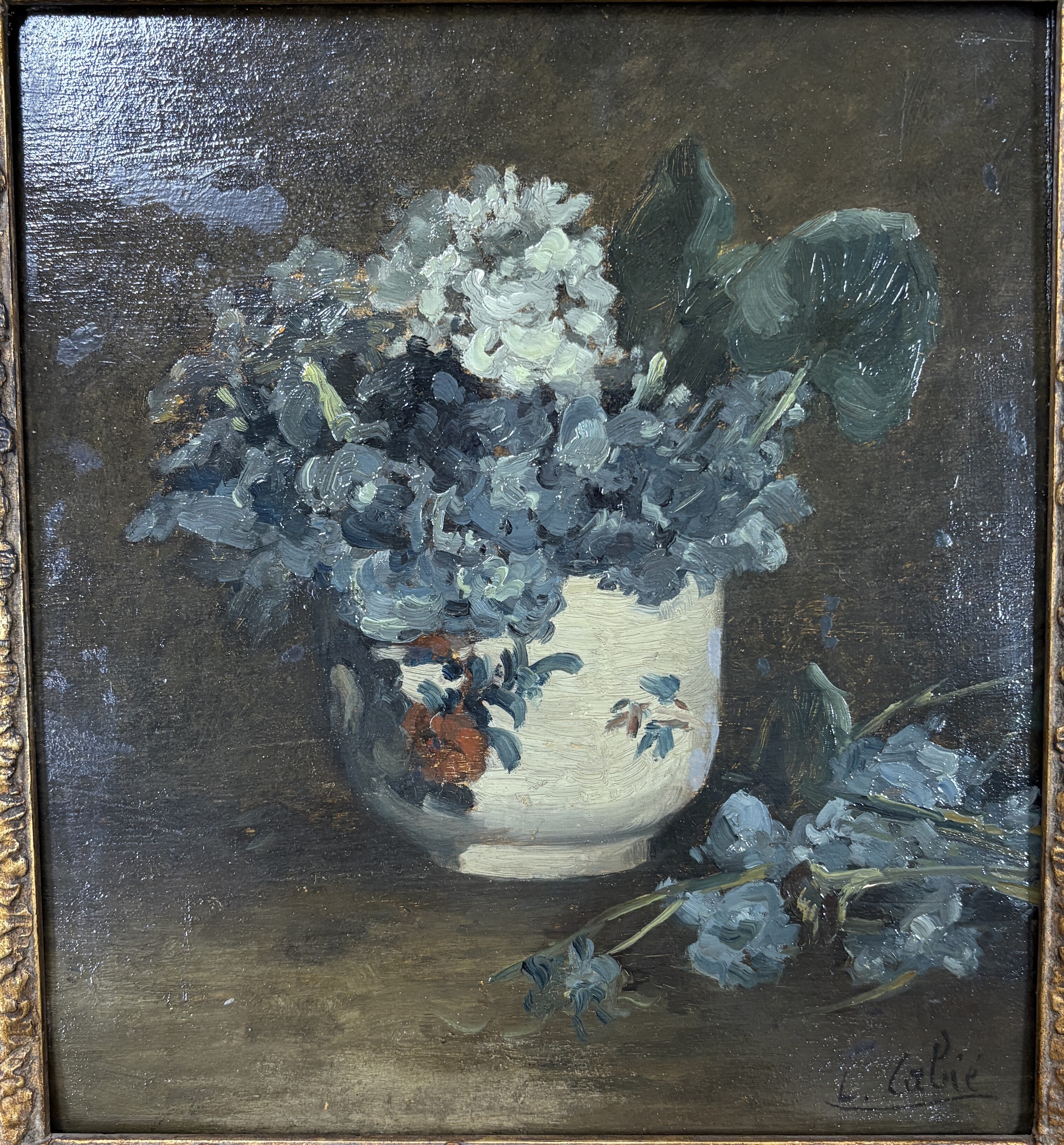 Detail m: Louis Alexandre Cabie, 1853 - 1939,, Blumenstillleben, Öl/Holz, 26 x, 24 cm, Rahmen ca. 35 x 32 cm, orig. Rechnung Kunsthaus Bühler von 1976 liegt ...