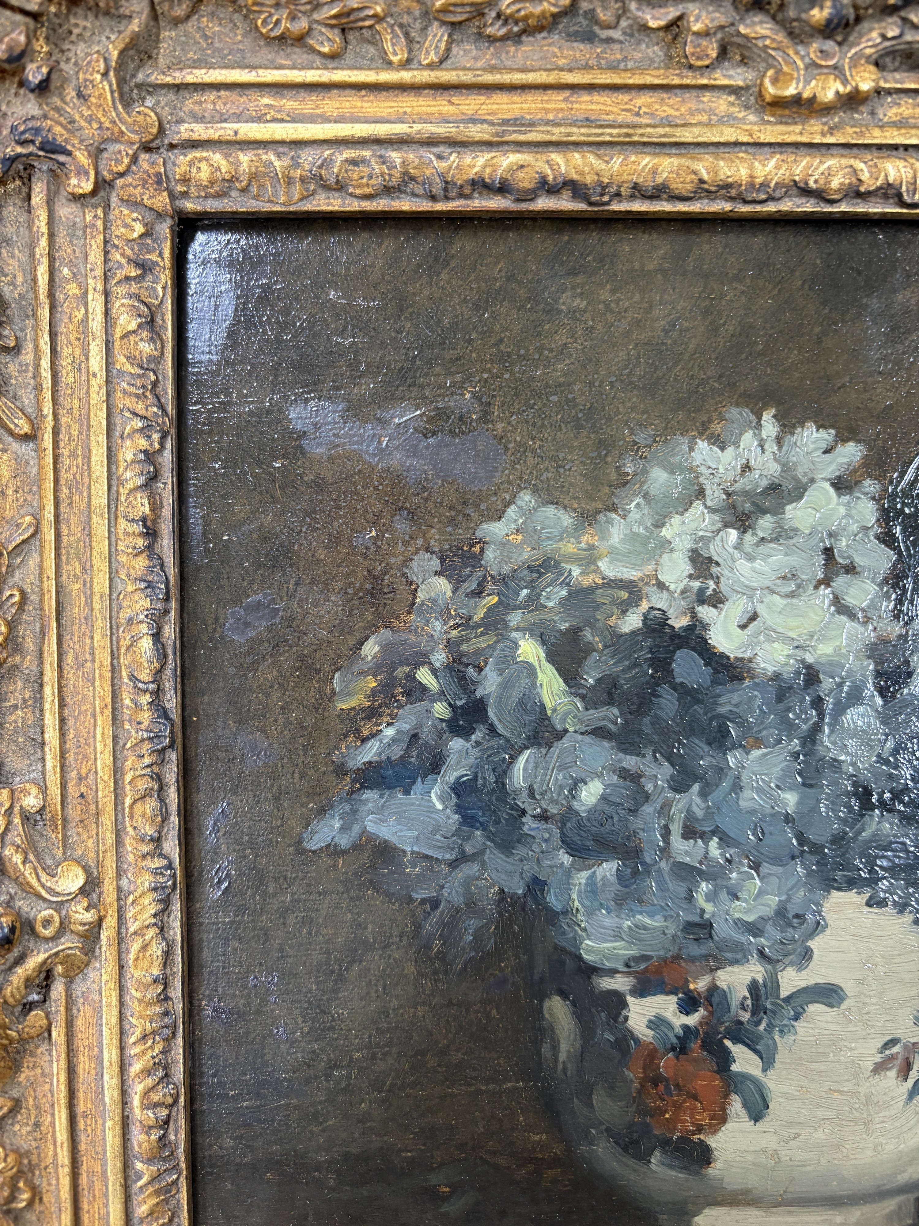 Detail o: Louis Alexandre Cabie, 1853 - 1939,, Blumenstillleben, Öl/Holz, 26 x, 24 cm, Rahmen ca. 35 x 32 cm, orig. Rechnung Kunsthaus Bühler von 1976 liegt ...