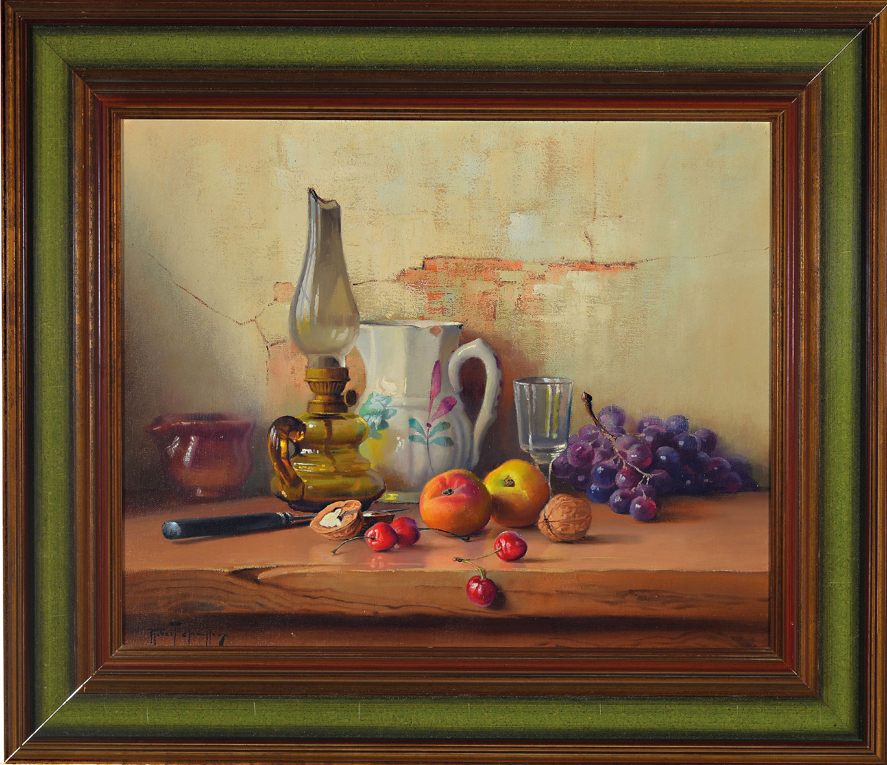 Detail k: Robert Chailloux, 1913-2006 Paris, Stillleben mit Krug, Petroleumlampe und Obst, Öl/Lwd, links unten sign., ca. 45x55cm, R. ca. 63x73cm