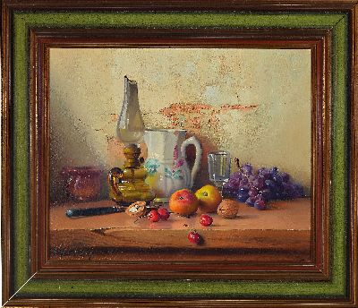 27072162k - Robert Chailloux, 1913-2006 Paris, Stillleben mit Krug, Petroleumlampe und Obst, ...