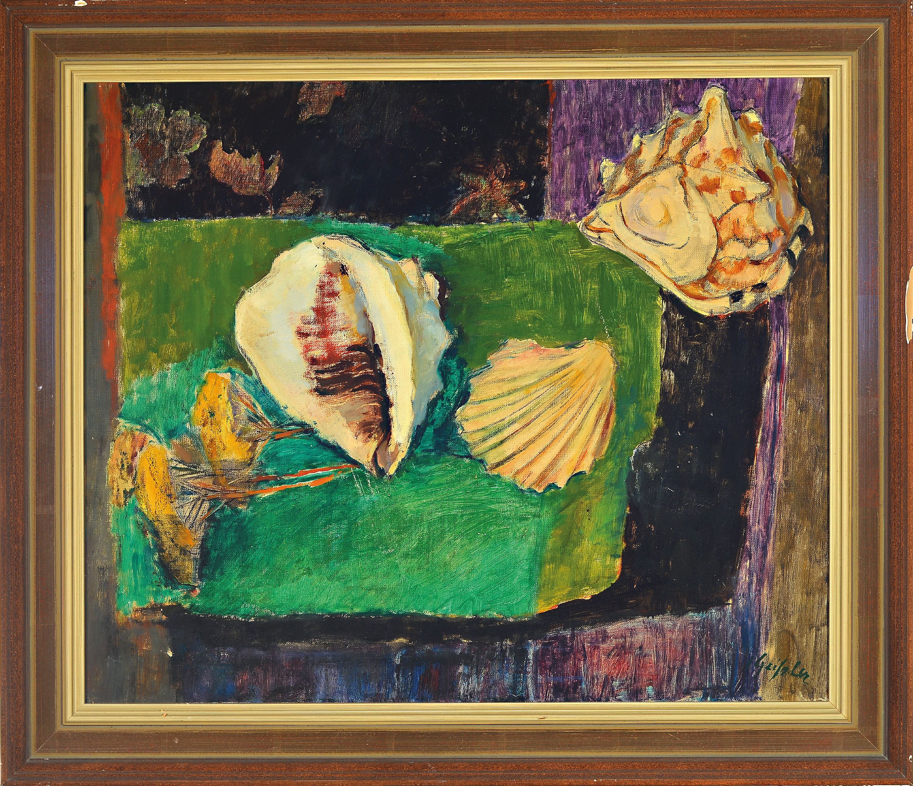 Detail k: Senta Geissler, 1902 Heidelberg-2000 Ludwigshafen, Stillleben mit unterschiedlichen Muscheln, rechts unten signiert, Öl/Lwd, 50x60 cm, Rahmen 62x72 ...