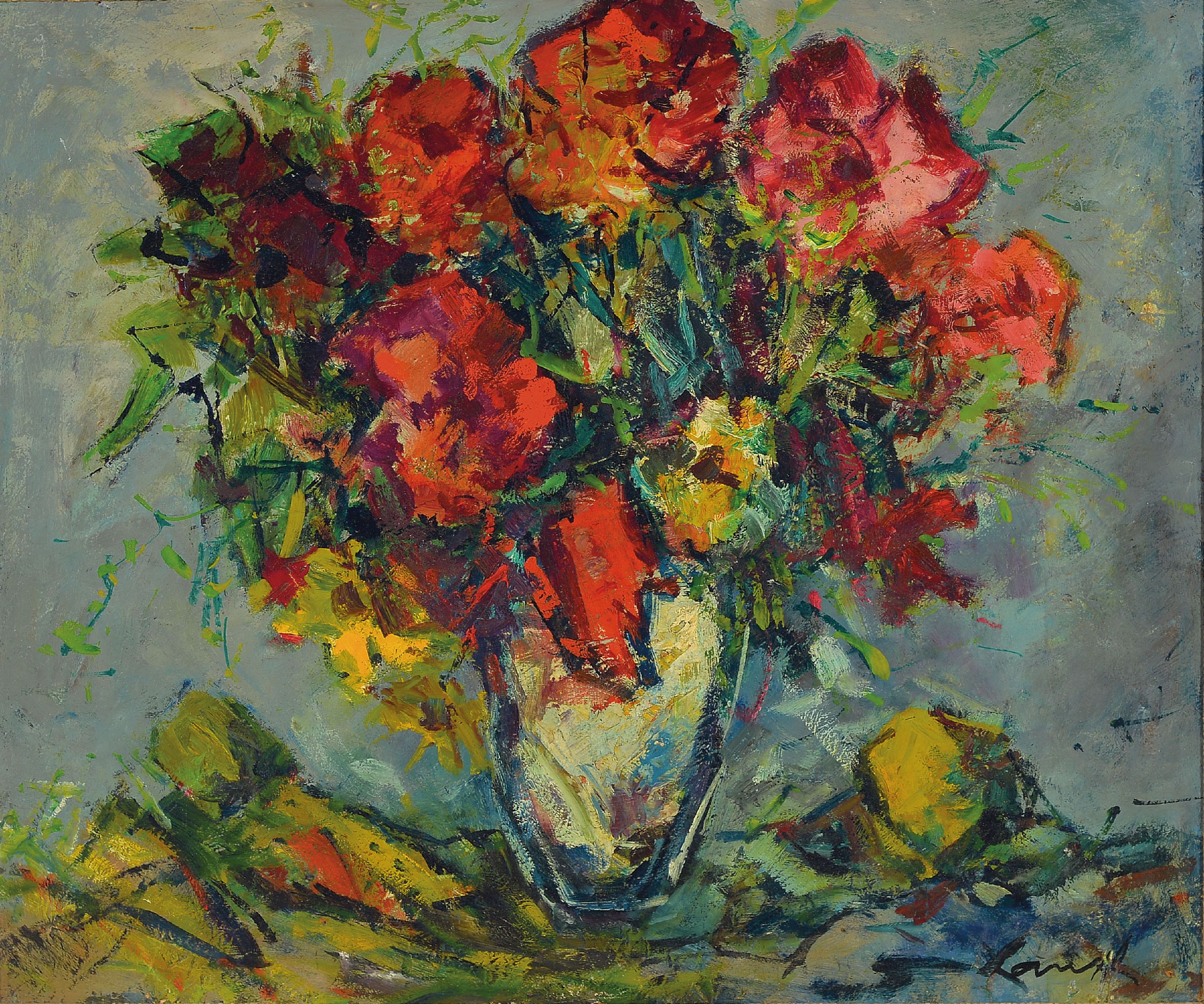 Robert Lauth, 1896-1985 Ludwigshafen am Rhein, Blumenstillleben, rechts unten signiert, Öl/Spanplatte, 50x60 cm, Rahmen 63x73 cm