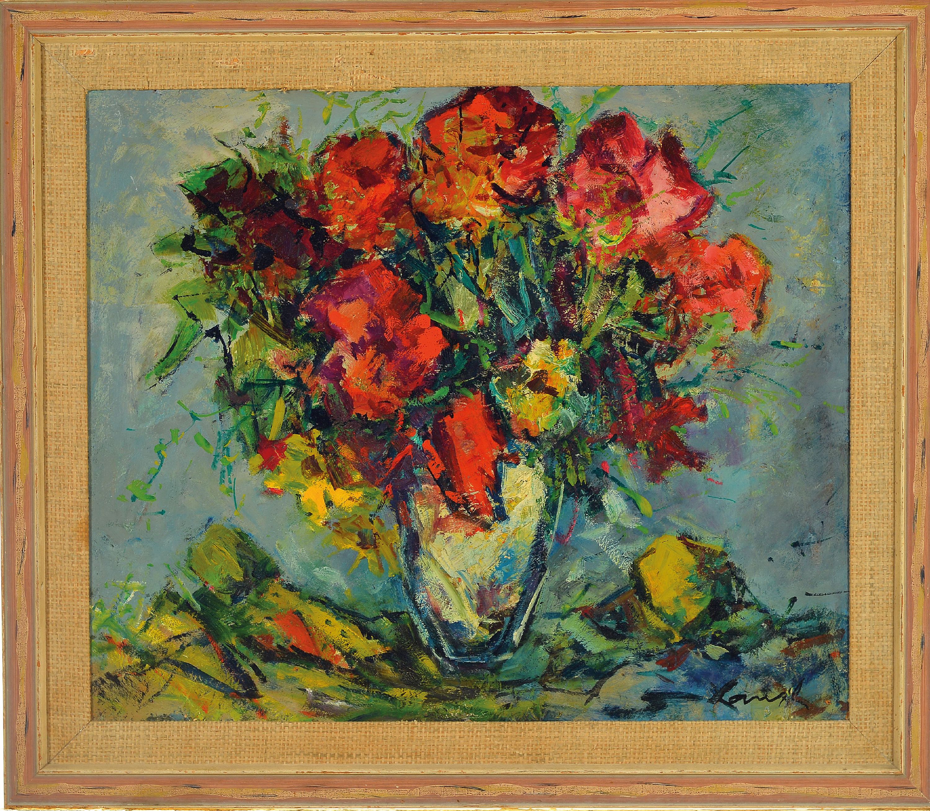 Detail k: Robert Lauth, 1896-1985 Ludwigshafen am Rhein, Blumenstillleben, rechts unten signiert, Öl/Spanplatte, 50x60 cm, Rahmen 63x73 cm