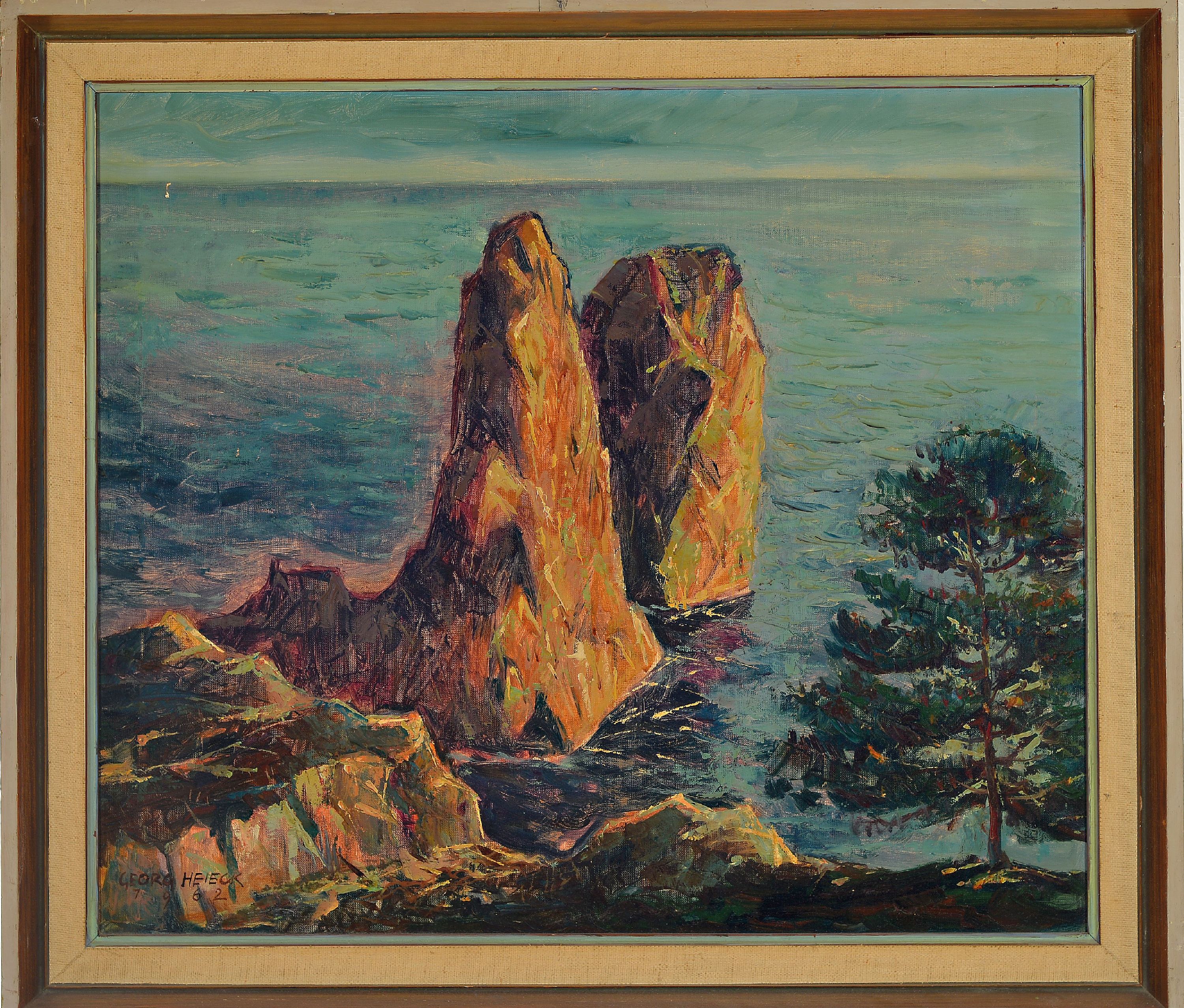 Detail k: Georg Heieck, 1903 Ludwigshafen-1977 Mannheim , Küstenlandschaft mir Blick auf Felsformation, signiert und datiert 1962, Öl/Lwd, 60x70 cm, Rahmen ...