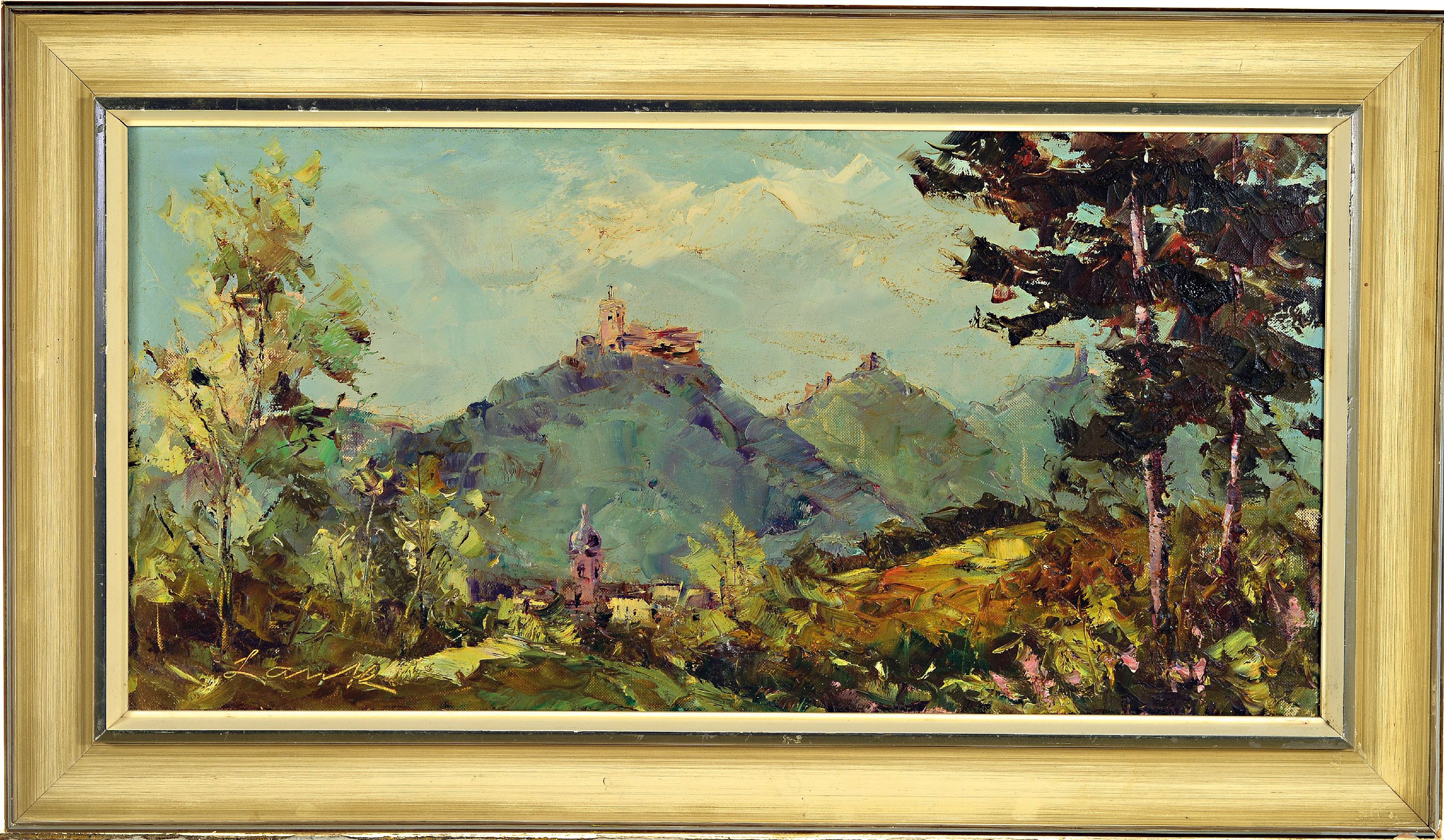 Detail k: Robert Lauth, 1896-1985 Ludwigshafen am Rhein, Blick über Annweiler mit der Trifelsgruppe, signiert, Öl/Lwd, 30x60cm, Rahmen 41x71 cm