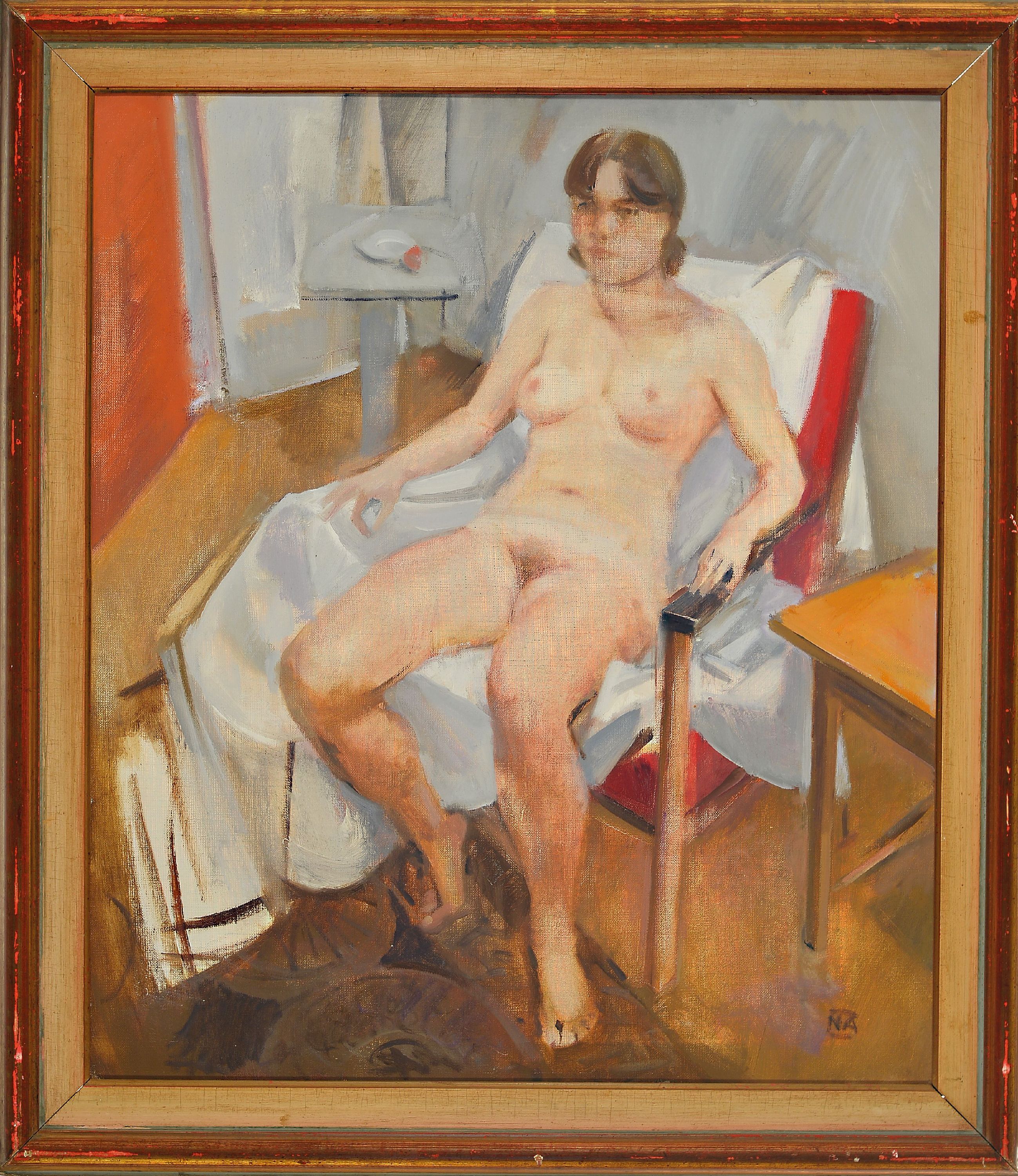 Detail k: Andras Novak, geb. 1936, sitzender weiblicher Akt im Atelier, bez. "Modell", Öl/Lwd, rechts unten monogrammiert NA, 70x60 cm, Rahmen 83x73 ...