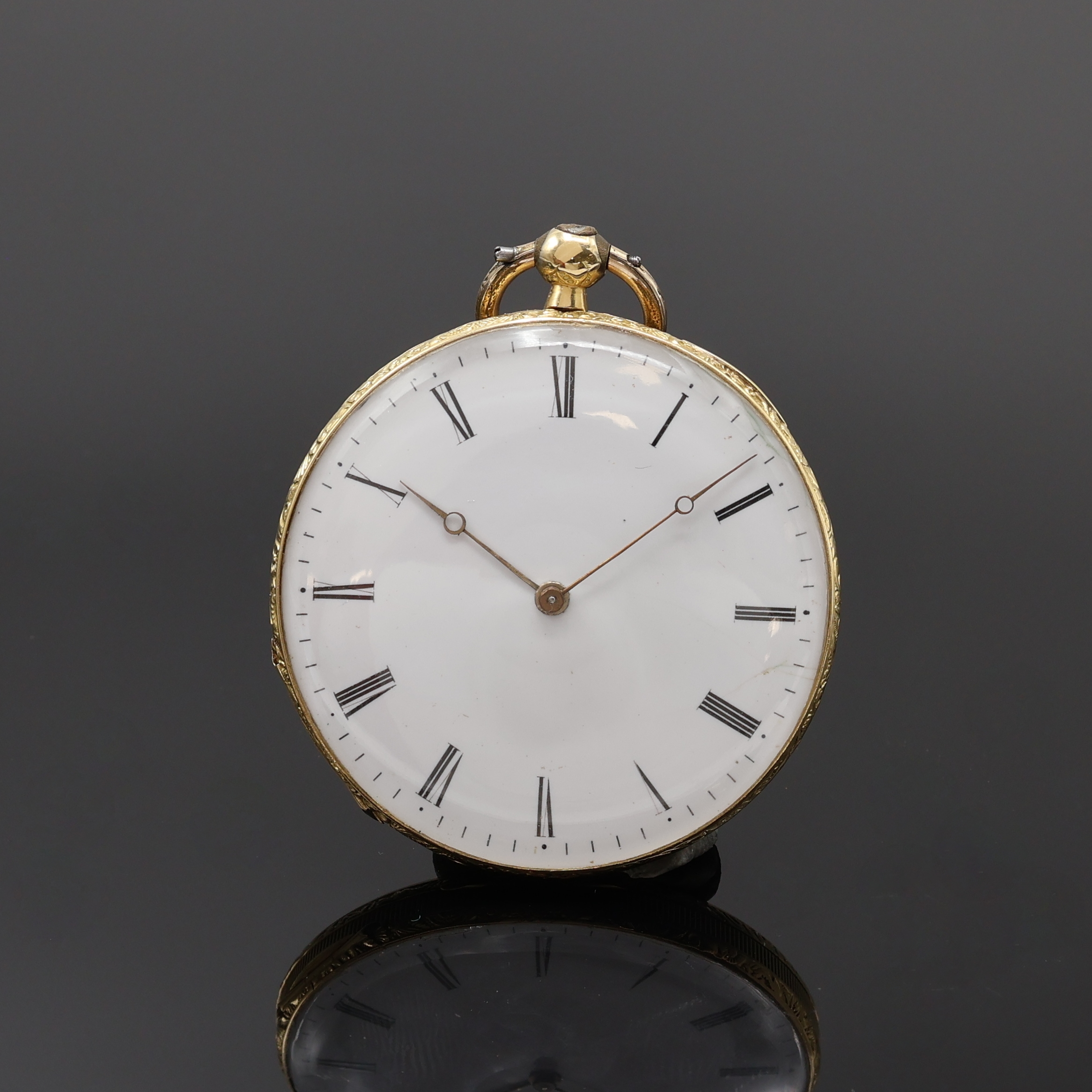 Image 27072897 - Offene Taschenuhr in GG 750/000, Schweiz um 1880, floral grav. Geh. dell, seitl. ...