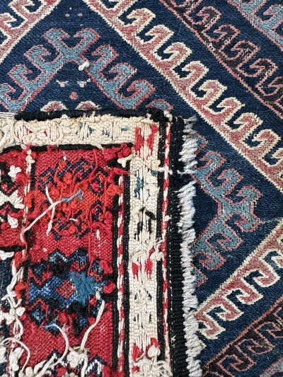 27072816g - 3 Lots Salztasche & Taschenfront & Pfeiltasche antik, Wolle auf Wolle, ca. 55 x 55 cm, ...