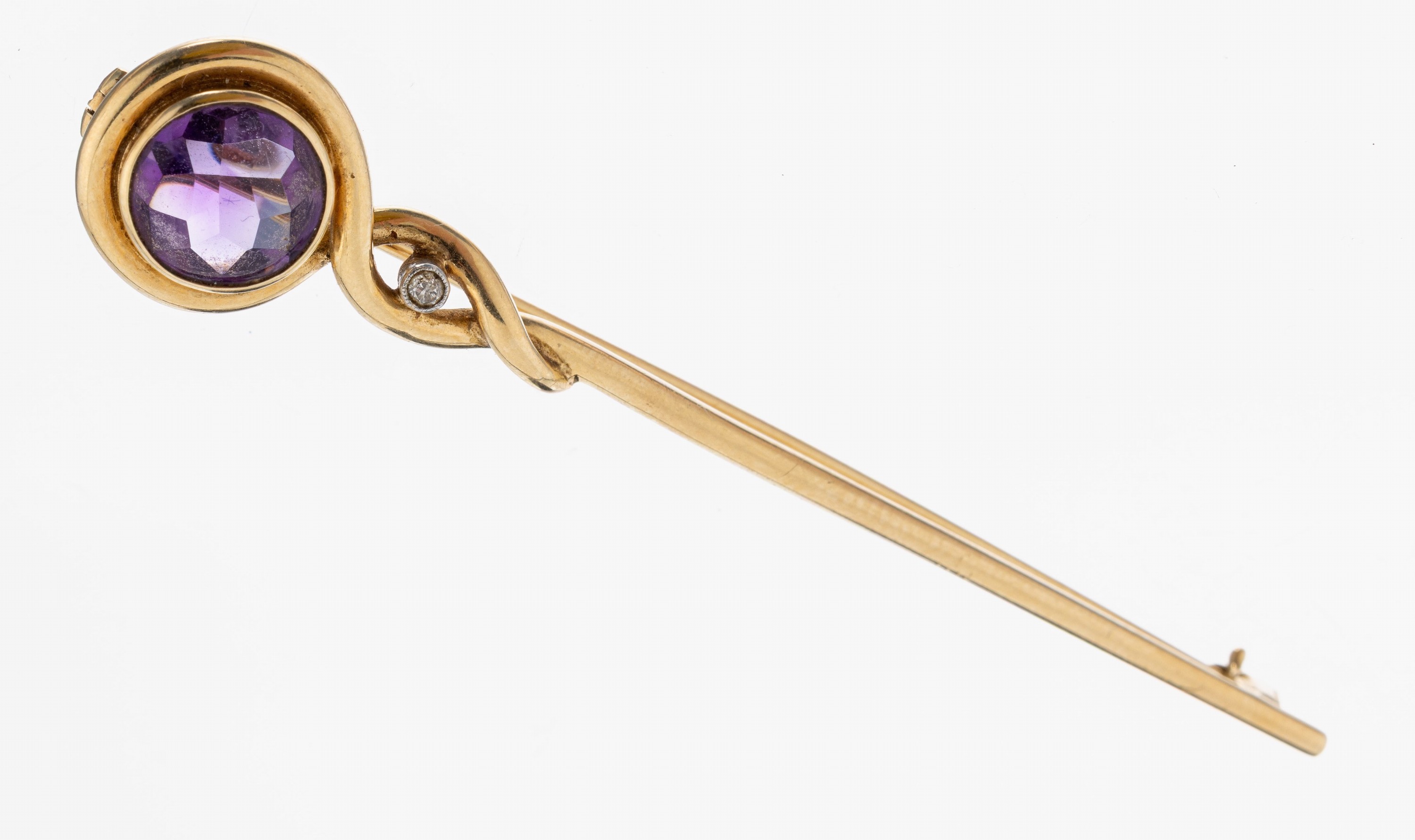Image 27072928 - 14 kt Gold Amethyst-Diamant-Stabbrosche, GG585/000 geschwungene Form, Ametyhst im Buff- ...
