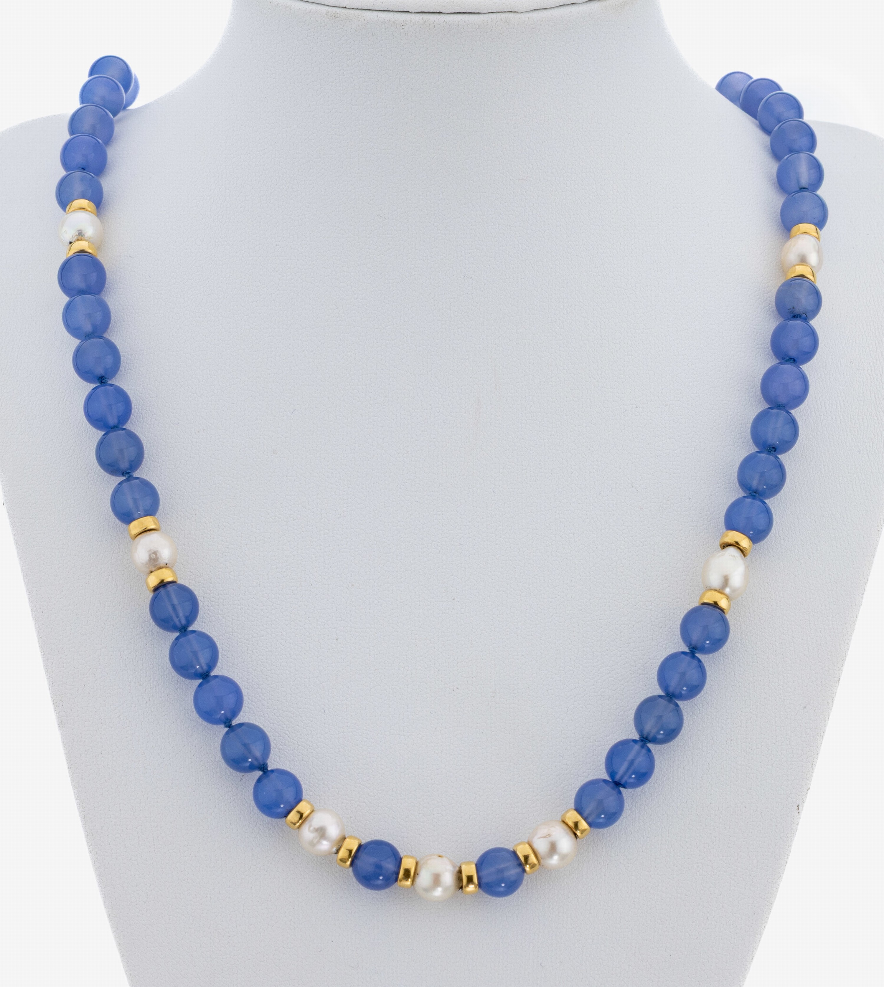 Image 27072933 - 18 kt Gold Perl-Chalzedon-Collier, GG 750/000, unrunde Akoyazuchtperlen, hellblaue ...