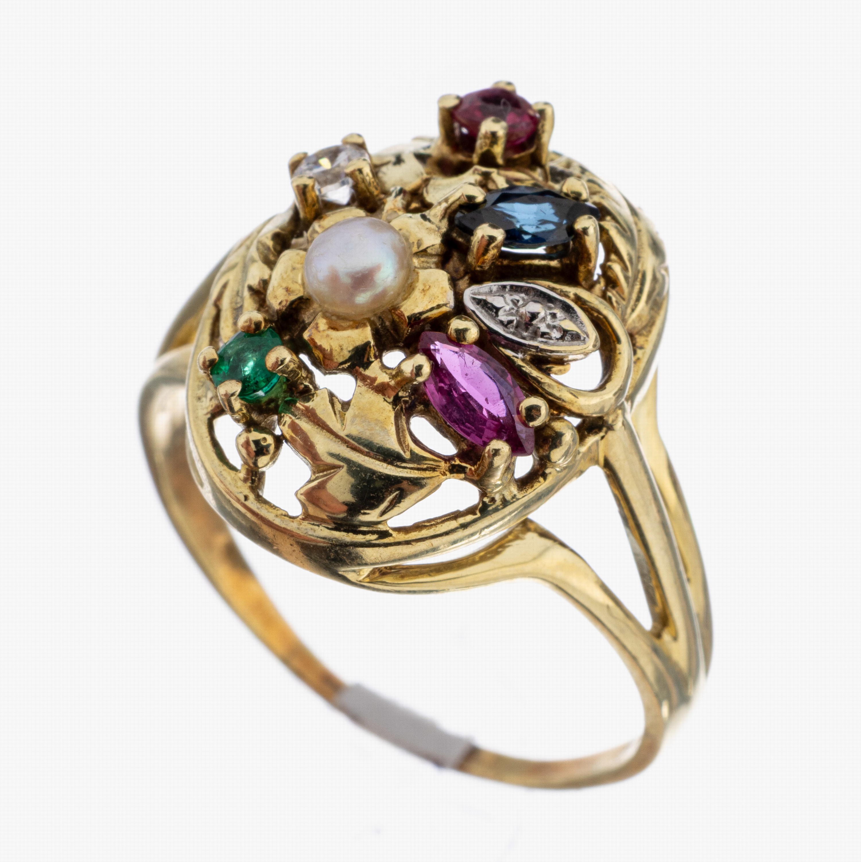 Image 27072963 - 8 kt Gold Perl-Farbstein-Ring, 1950er-60er Jahre, GG 333/000, sogn. Gemüsering, ...