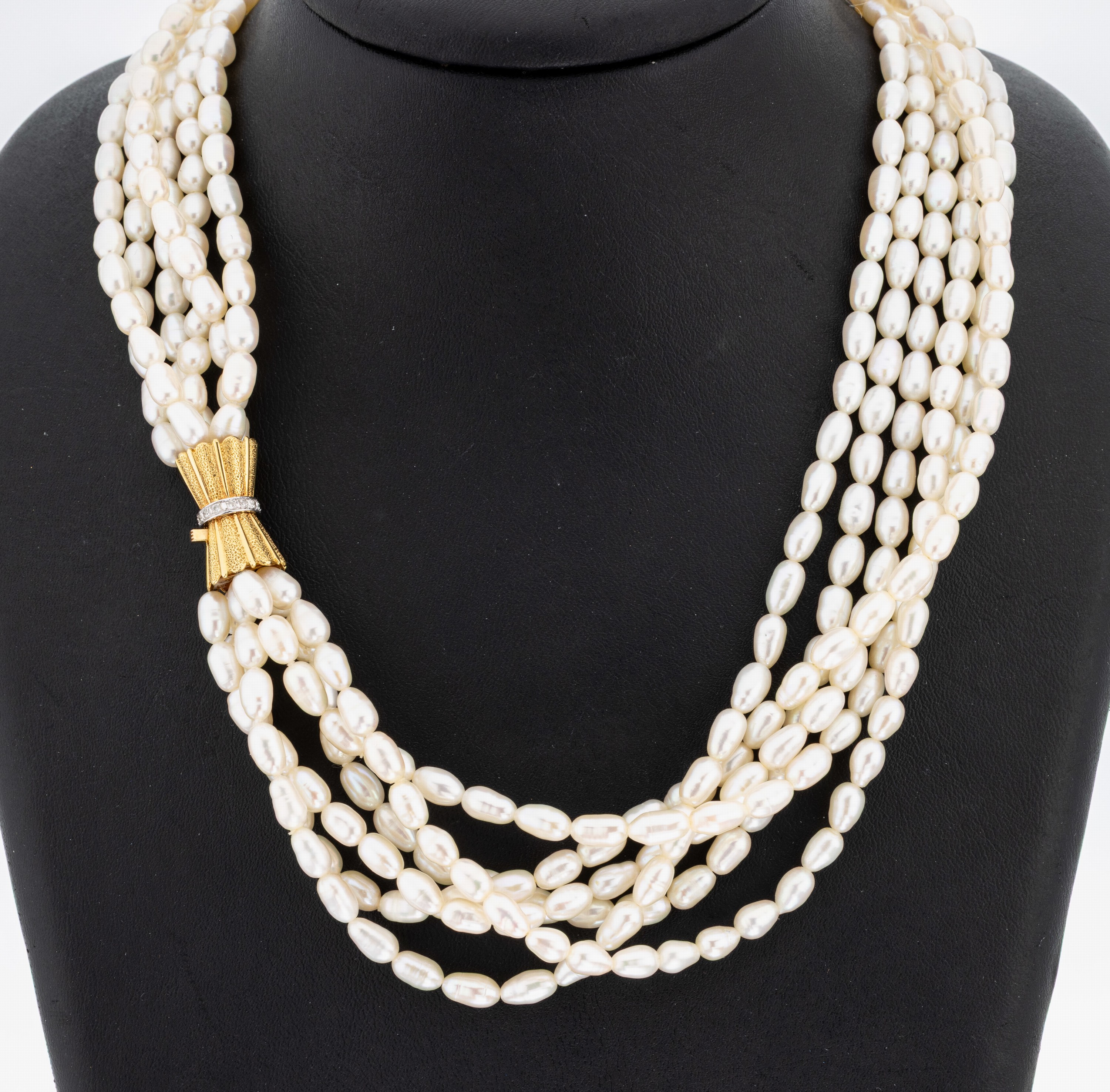 Image 27072968 - Perl-Collier mit 18 kt Gold Brillant-Schließe, GG/WG 750/000, 6-rhg. unrunde ...