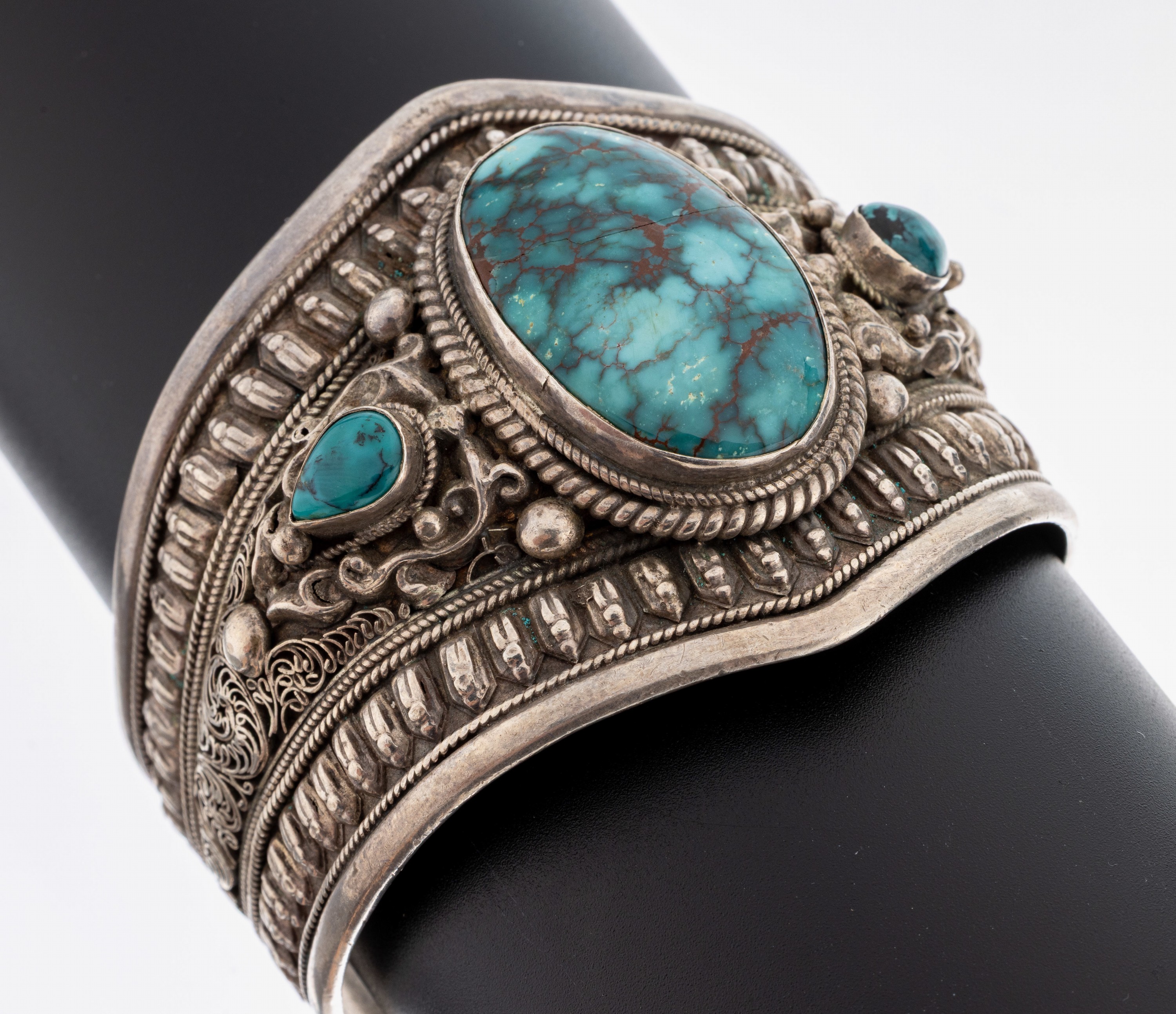 Image 27072980 - Türkis-Armreif, 925er Silber, wohl ostasiatisch, aufwendige Arbeit, teilw. mit ...