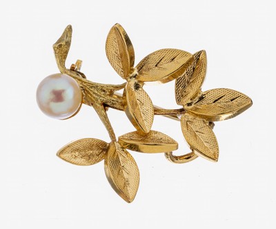 Image 18 kt Gold Perl-Brosche, 1960er Jahre, GG 750/000, Zweig mit Blättern, Oberfläche ...