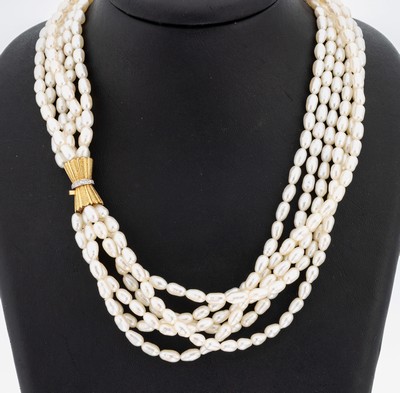 Image Perl-Collier mit 18 kt Gold Brillant-Schließe, GG/WG 750/000, 6-rhg. unrunde ...